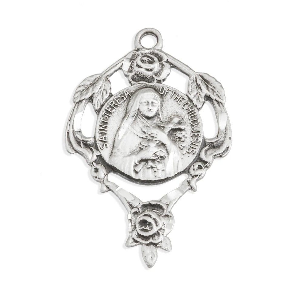 Sterling Silver Rose Wreath Saint Therese Medal