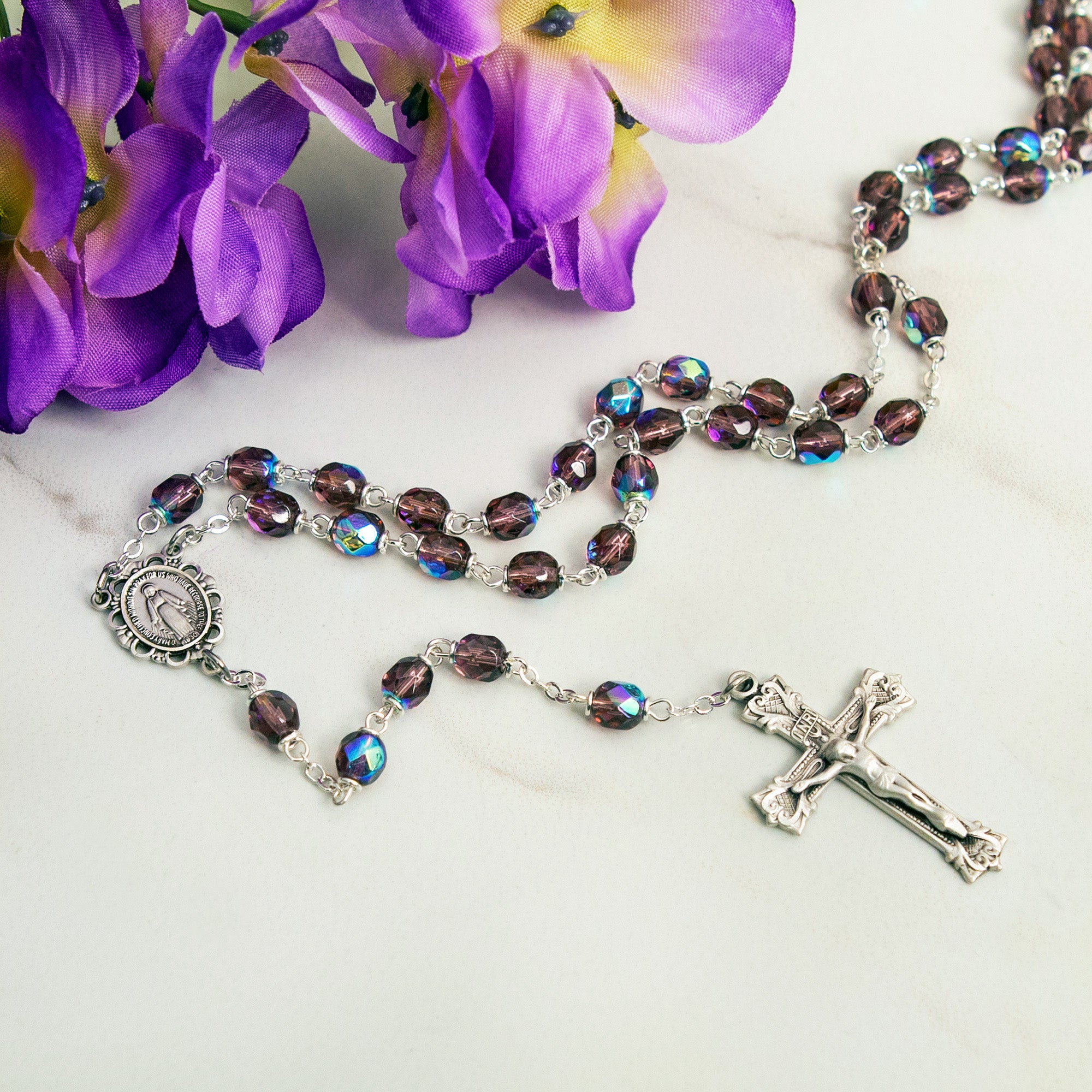 Bohemian Glass Birthstone Rosary – Amethyst / February