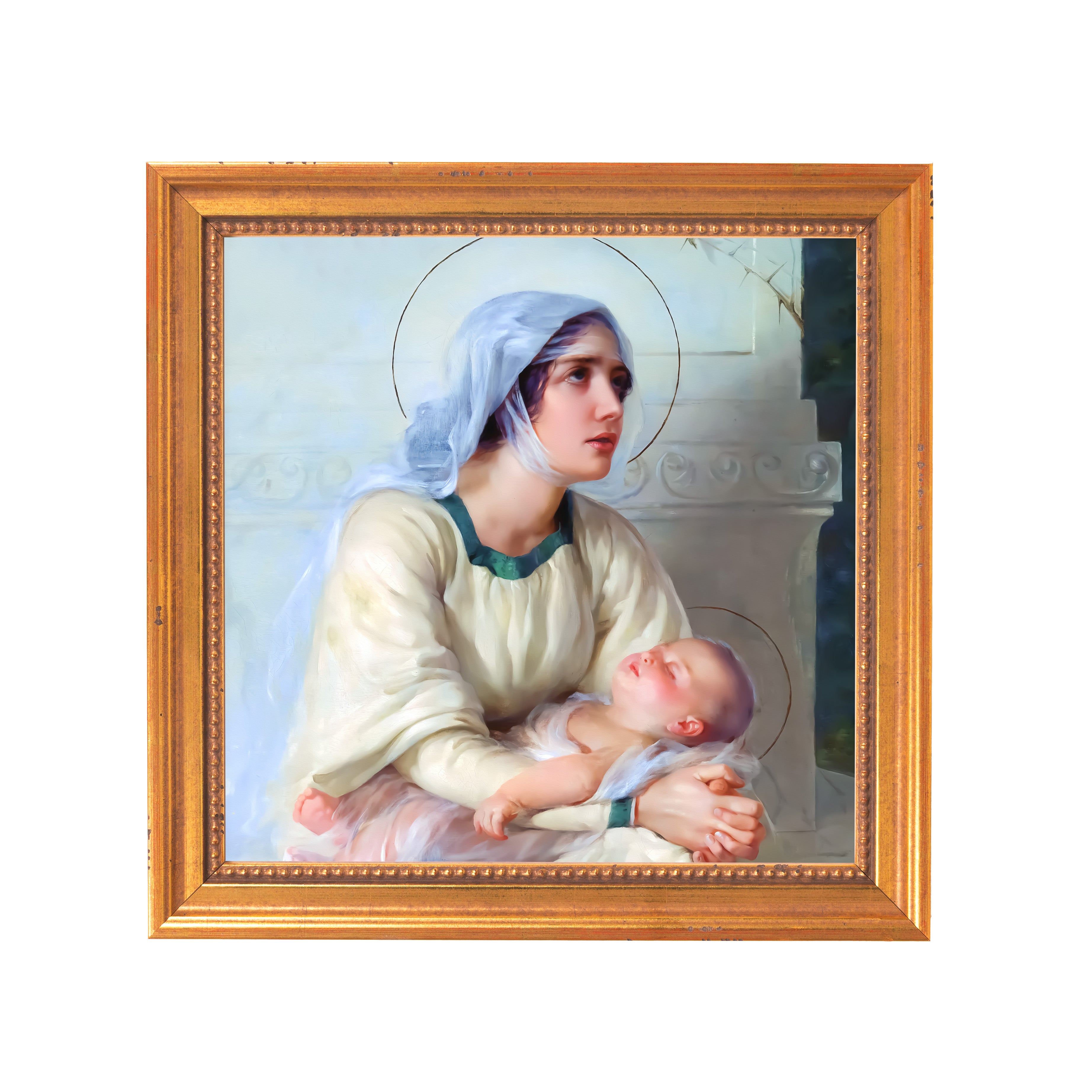 Framed painting of Mother Mary holding baby Jesus, gold frame, traditional style.