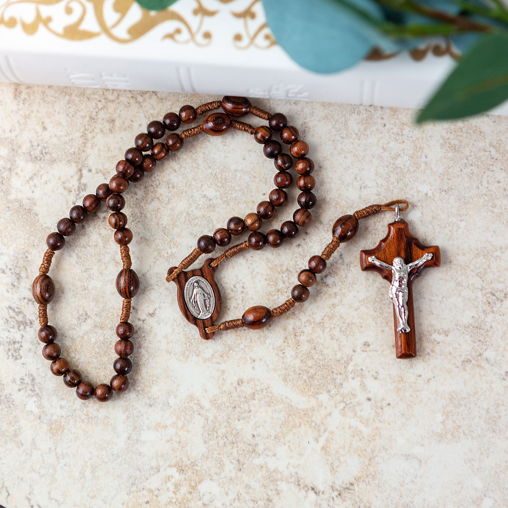 Italian Sterling Silver & Wood Corded Rosary