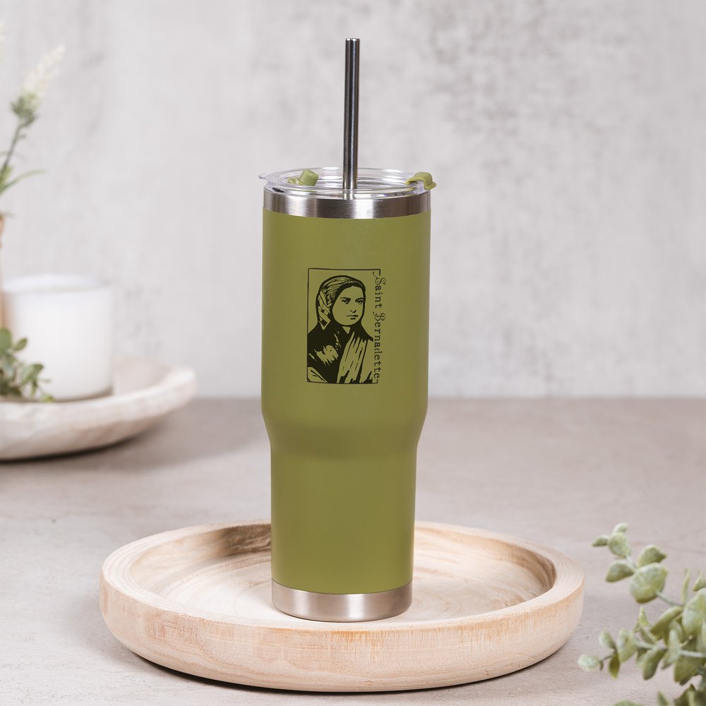 Green St. Bernadette Stainless Steel Tumbler with Straw