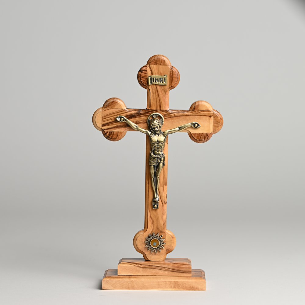 Standing Olive Wood Crucifix with Holy Land Relic - 8"