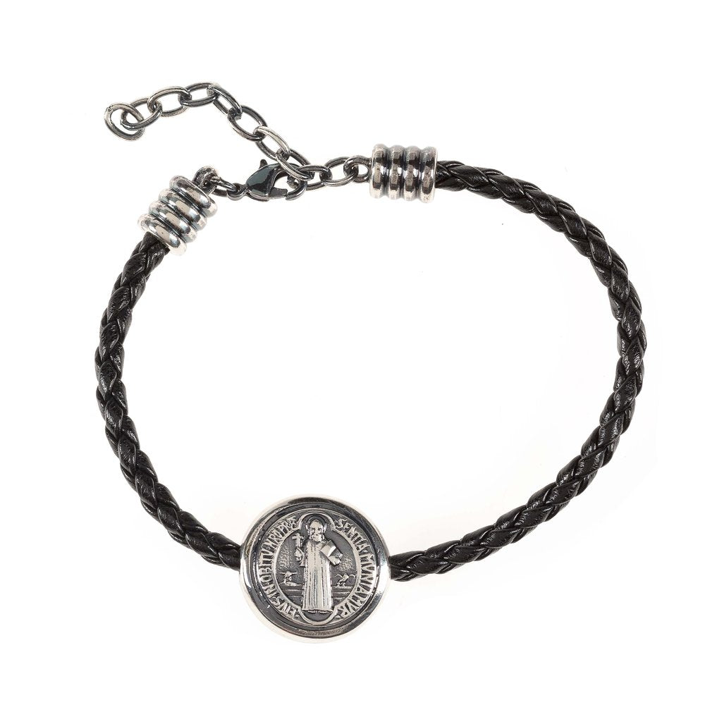 Black Braided Leather St. Benedict Medal Bracelet