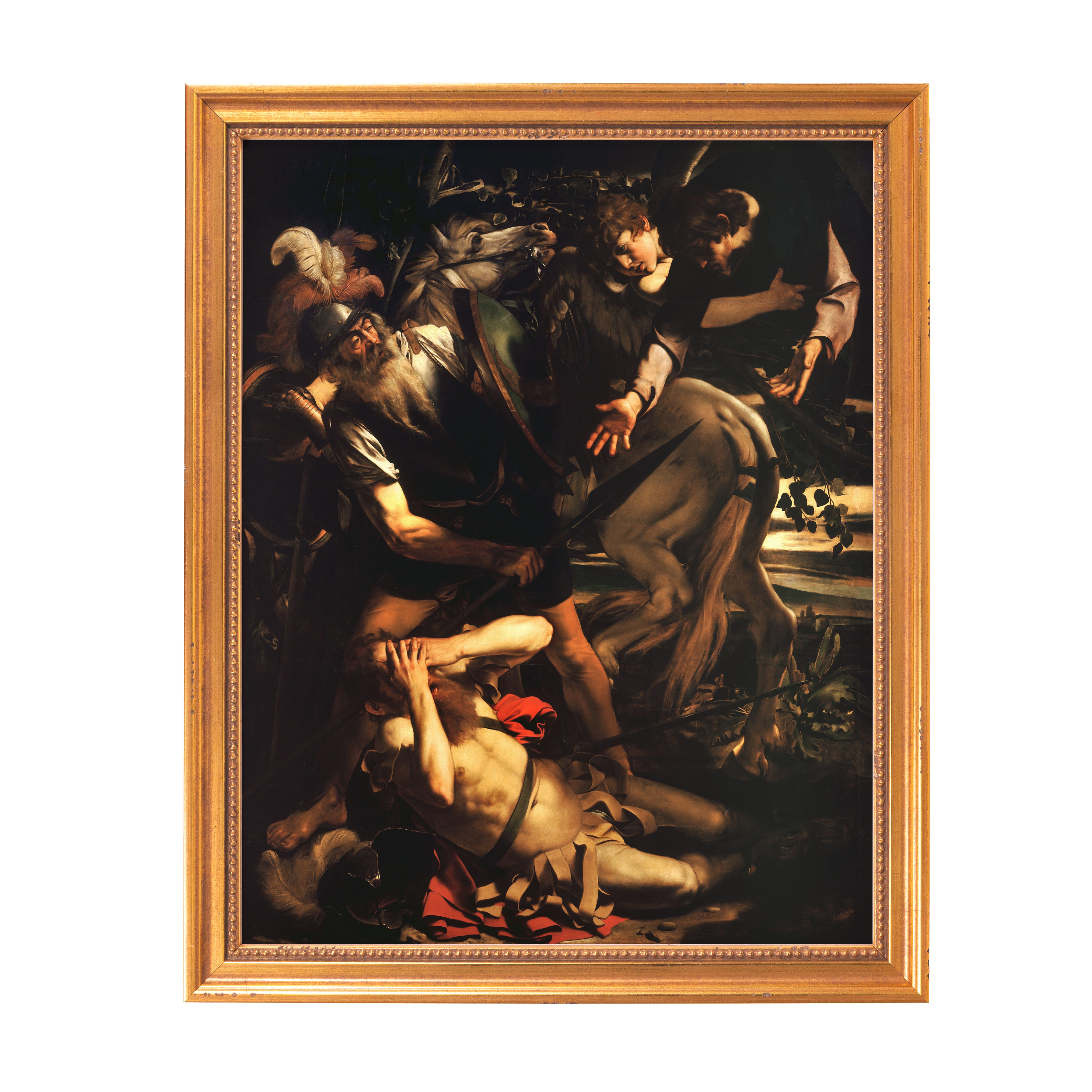 Framed Oil painting of David and Goliath with a gold ornate frame.