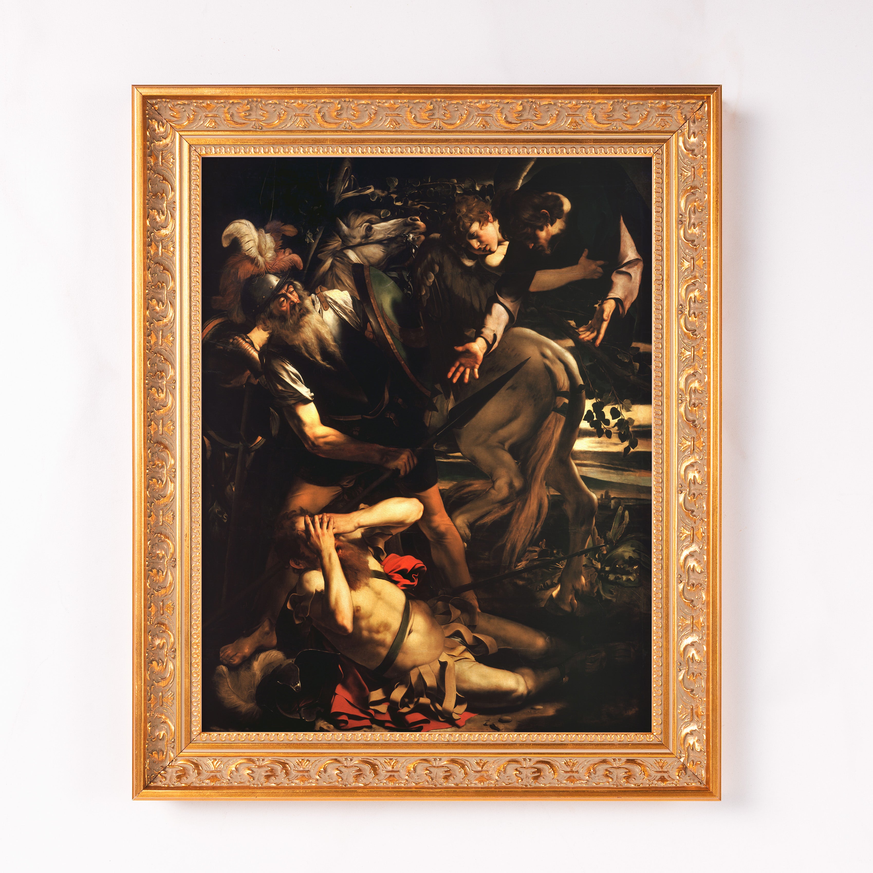 Framed, Dark baroque oil painting of men in period attire in tones of brown, cream, and gold, action scene.
