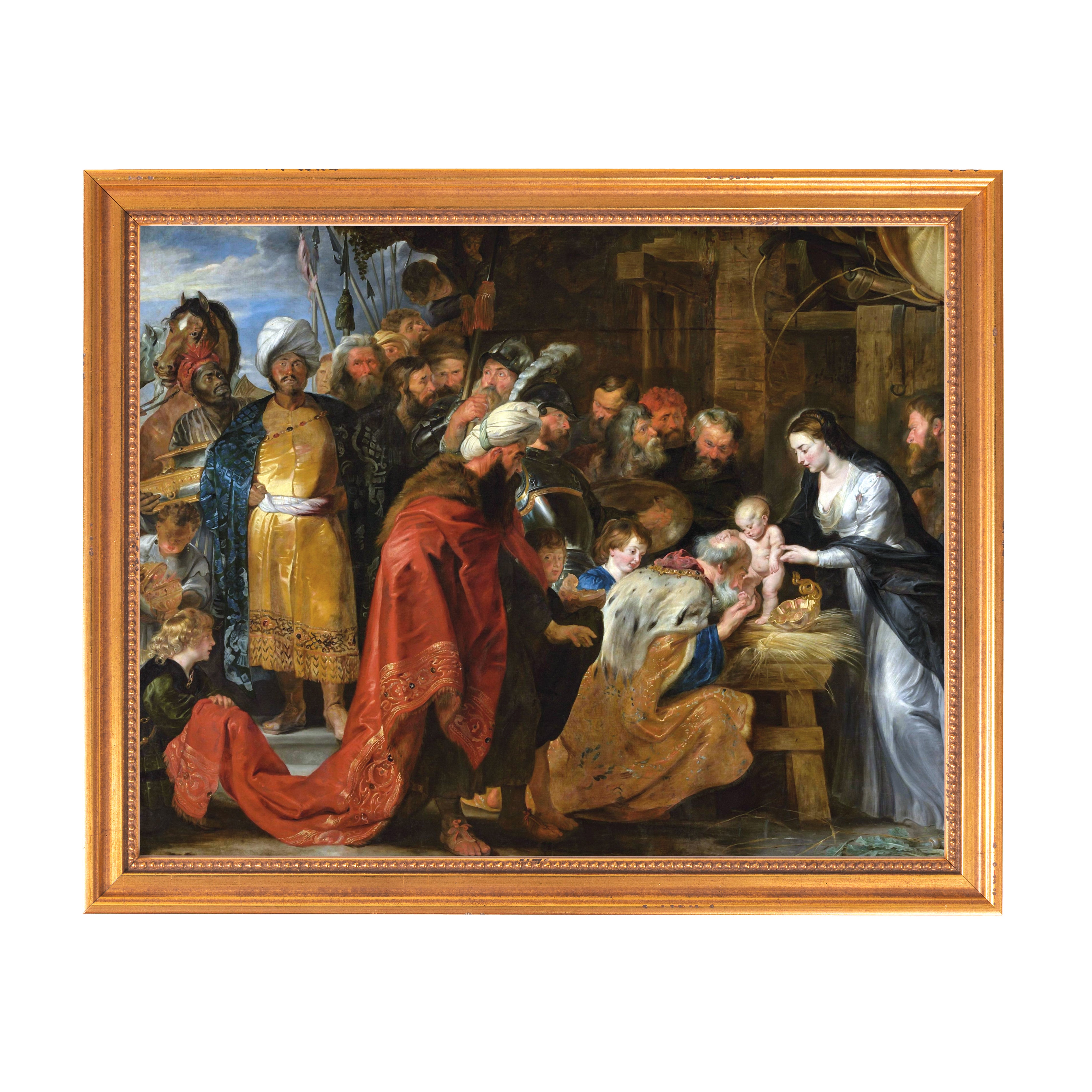 Framed Adoration of the Magi painting with Mary, baby Jesus, and gift-bearing wise men in renaissance style.