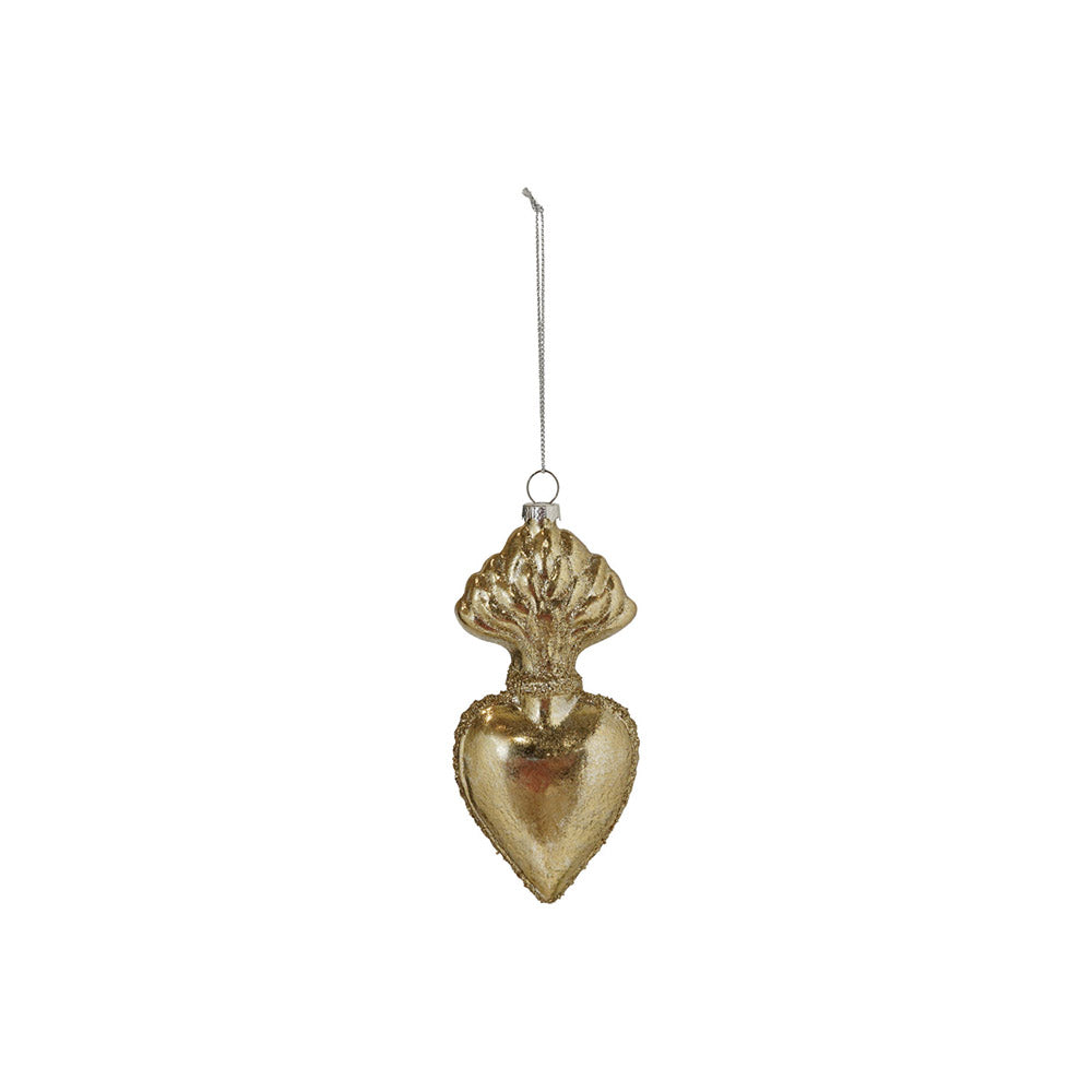 Glass Sacred Heart Ornament with Glitter, Gold Finish