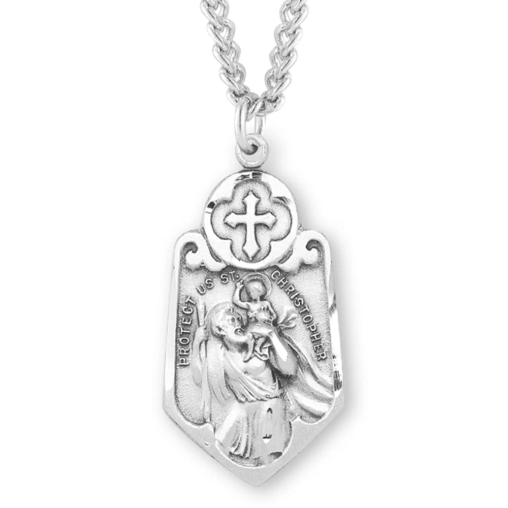 Sterling Silver St. Christopher Protect Us Cross & Shield Necklace