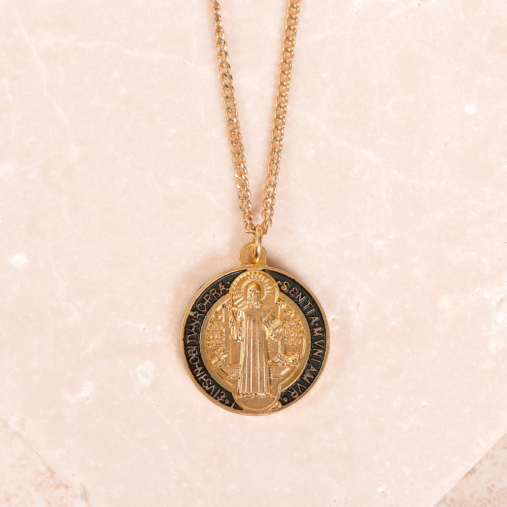 St. Benedict Gilt Gold and Navy Medal with chain