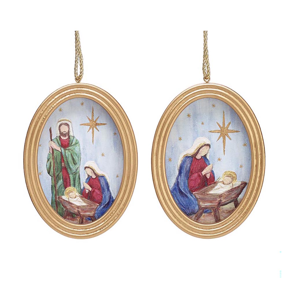 Oval Framed Holy Family Decoupaged Ornaments - Set of 2
