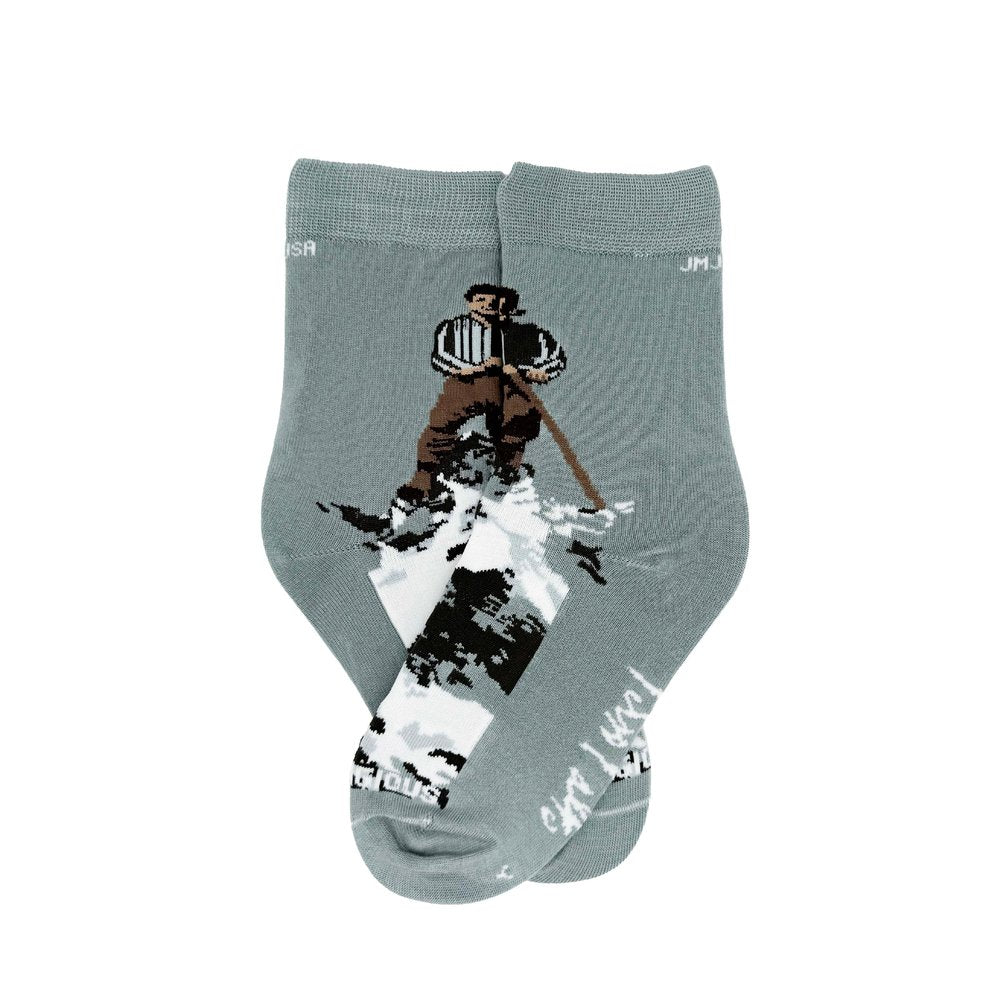 Gray socks feature a skier graphic and text.
