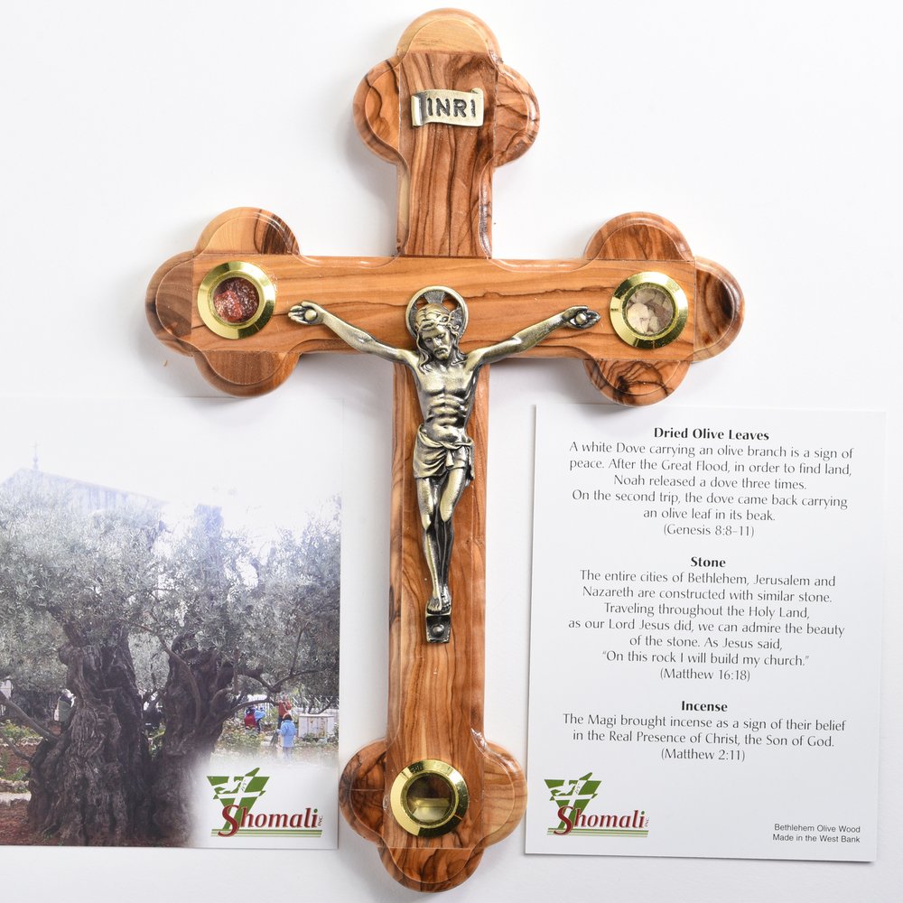 Olive Wood Crucifix with Holy Land Elements