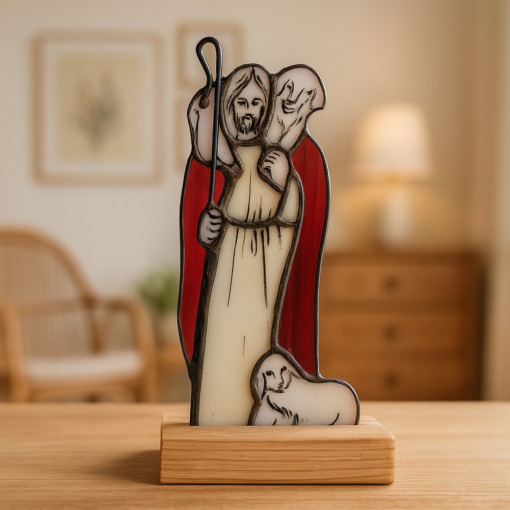 Handcrafted Christ the Good Shepherd Stained Glass Standing Plaque