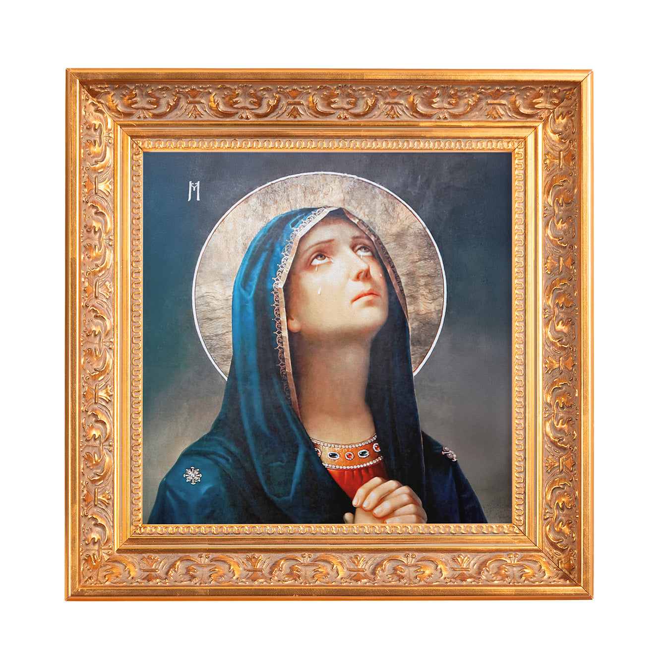 Framed portrait of the Virgin Mary with a blue veil, looking upwards in prayer, gold ornate frame.