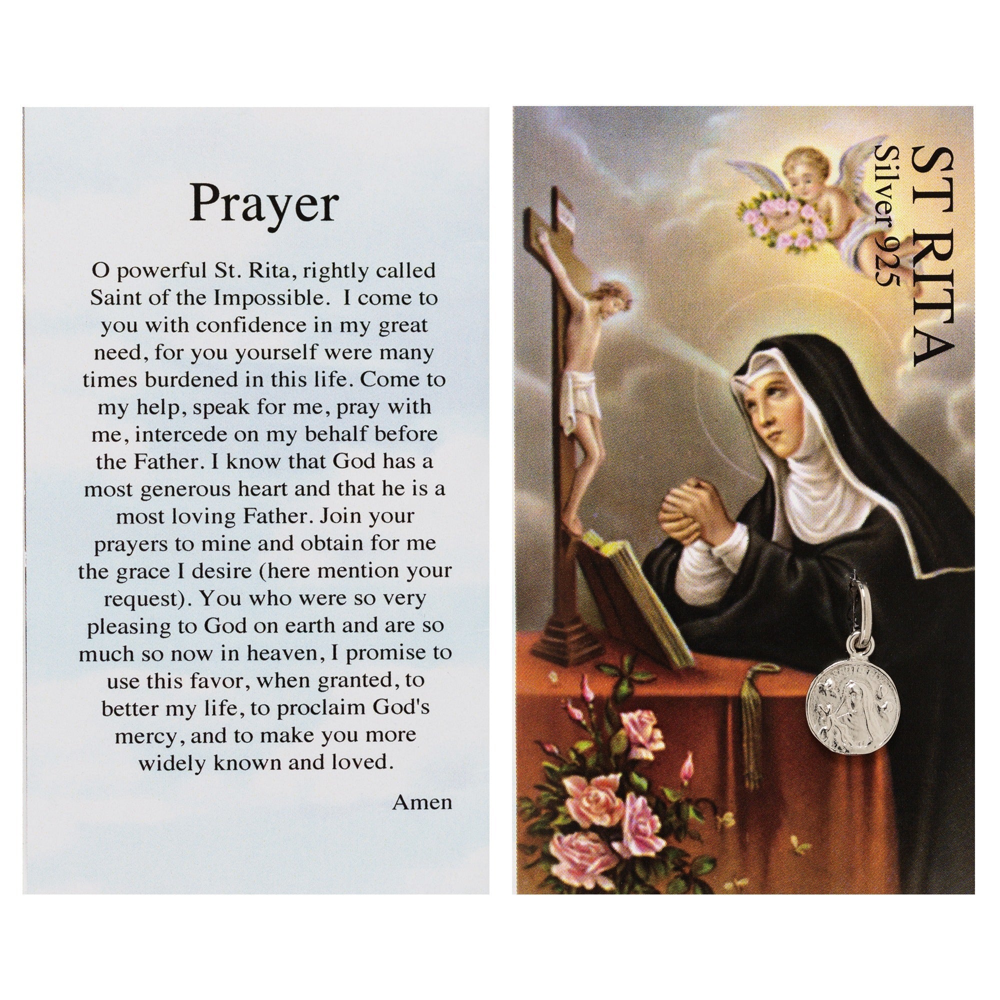 Small Italian Silver St. Rita Medal & Prayer Card