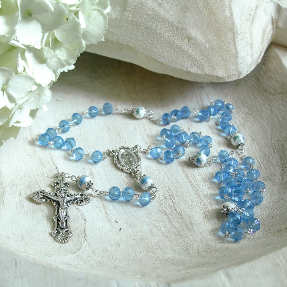 Blue Floral Miraculous Medal Rosary