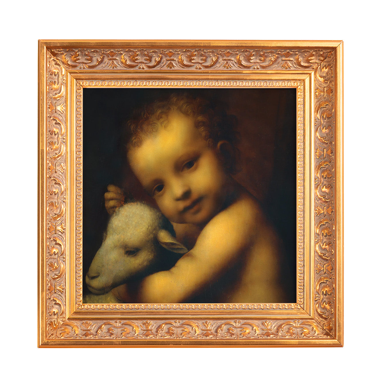 Framed painting shows child with lamb in gold ornate frame for wall decor or art collection.