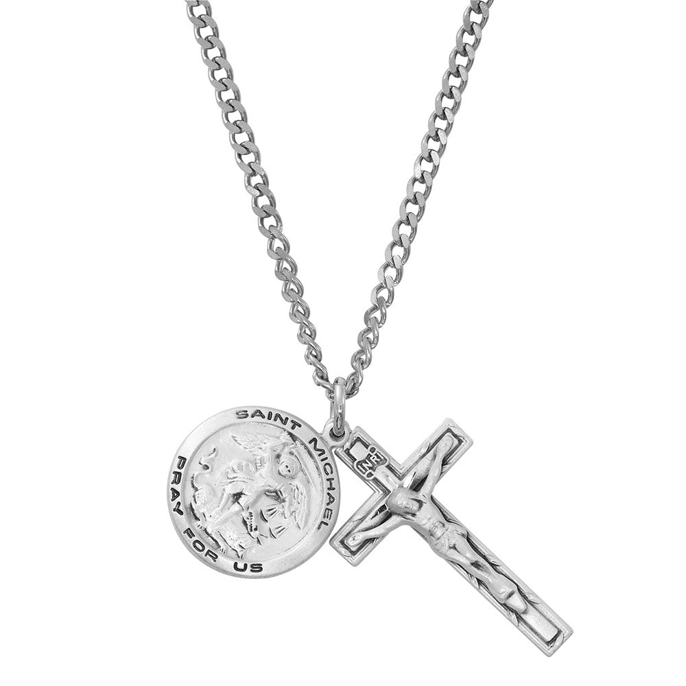 Sterling Silver St. Michael Medal & Crucifix Necklace - 24"