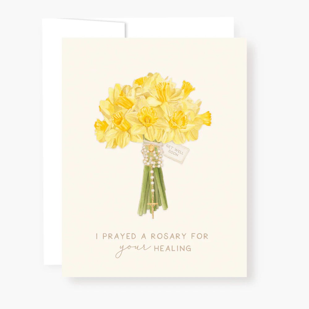 Get-well card shows daffodils and rosary beads, printed on off-white paper stock with beige text.
