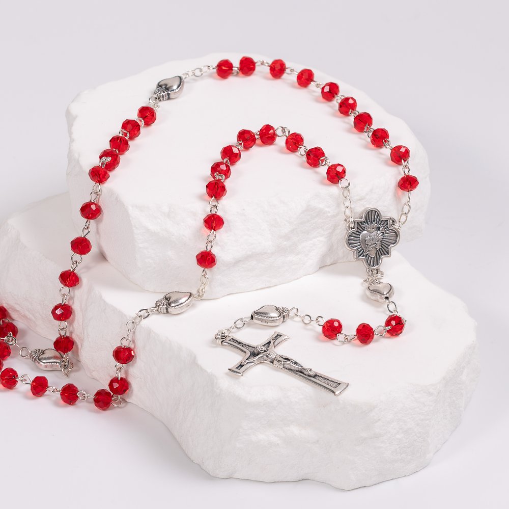 Stylized Sacred Heart Red Crystal Rosary