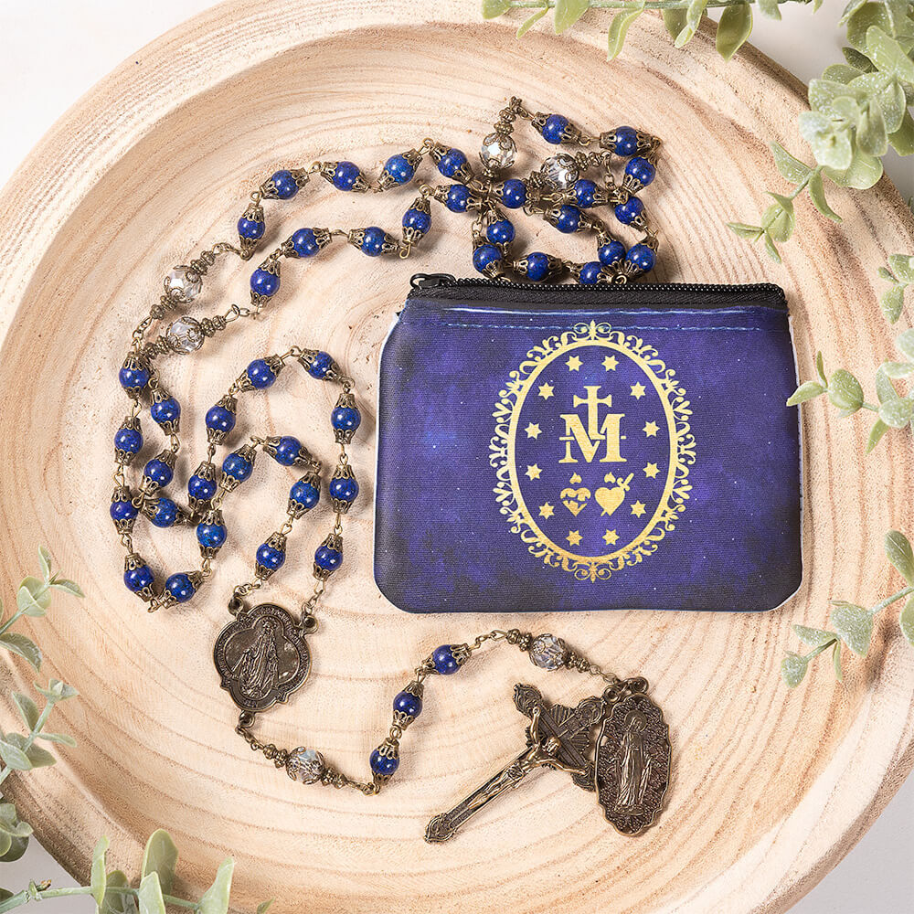 Vintage Miraculous Medal Rosary & Miraculous Rosary Pouch Gift Set