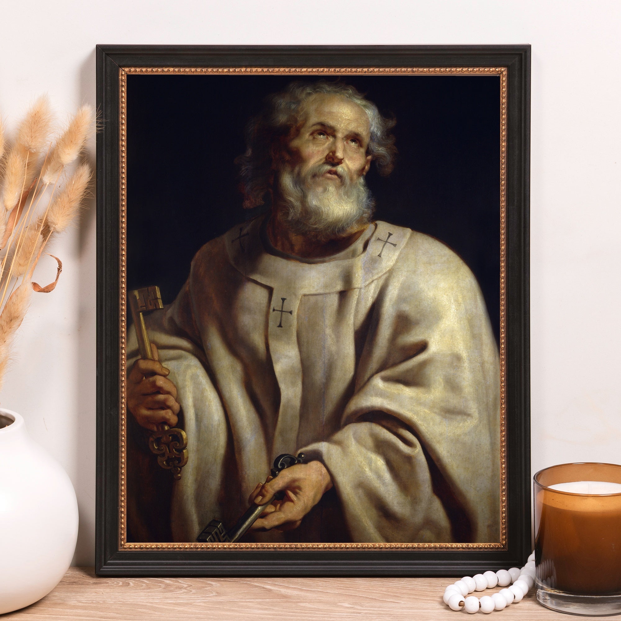 Framed artwork of Saint Peter holding keys, in traditional style.