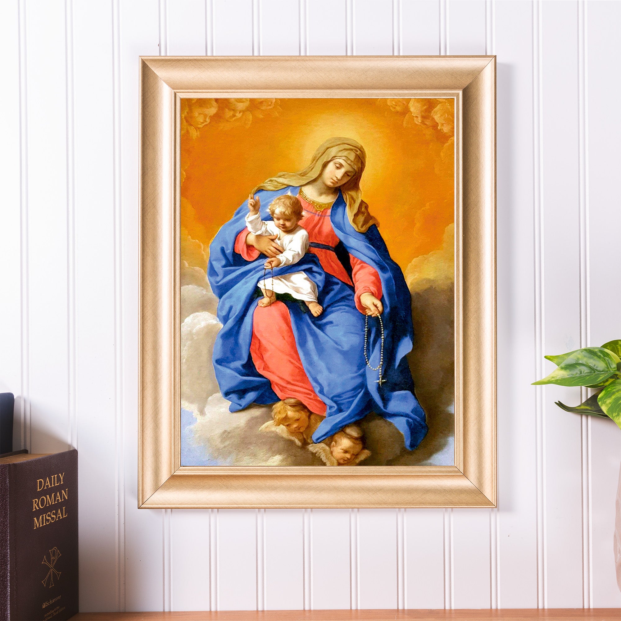 Framed Print of Madonna and Child with Rosary in gold frame, for religious decor.