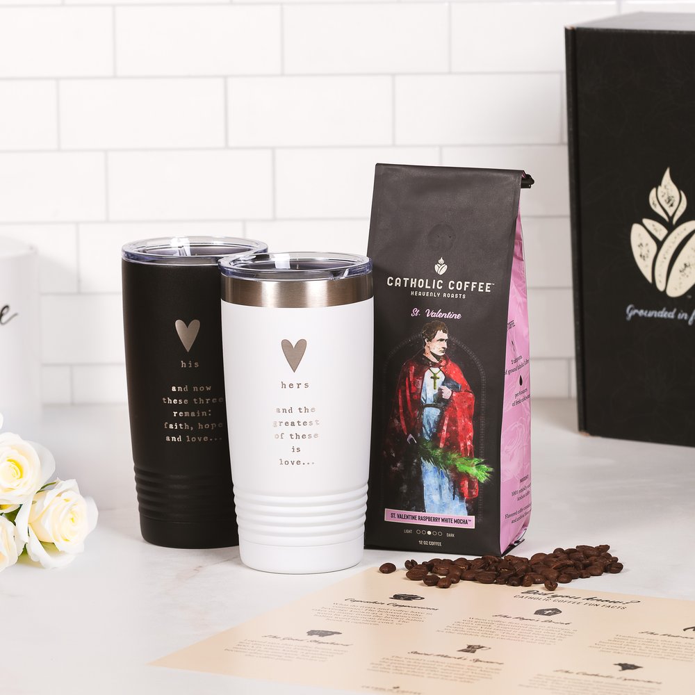 His & Hers Love Tumblers & St. Valentine Raspberry White Mocha Coffee Gift Set
