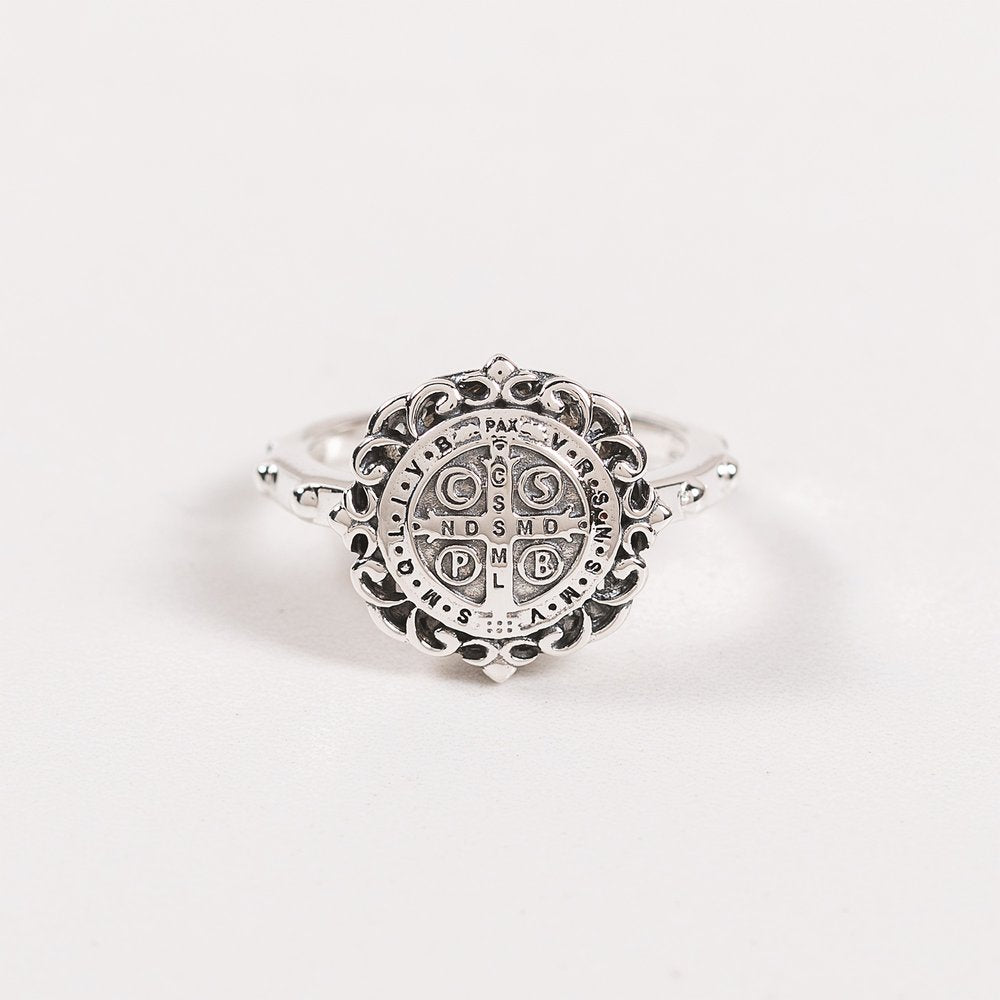 Sterling Silver St. Benedict Filigree Rosary Ring
