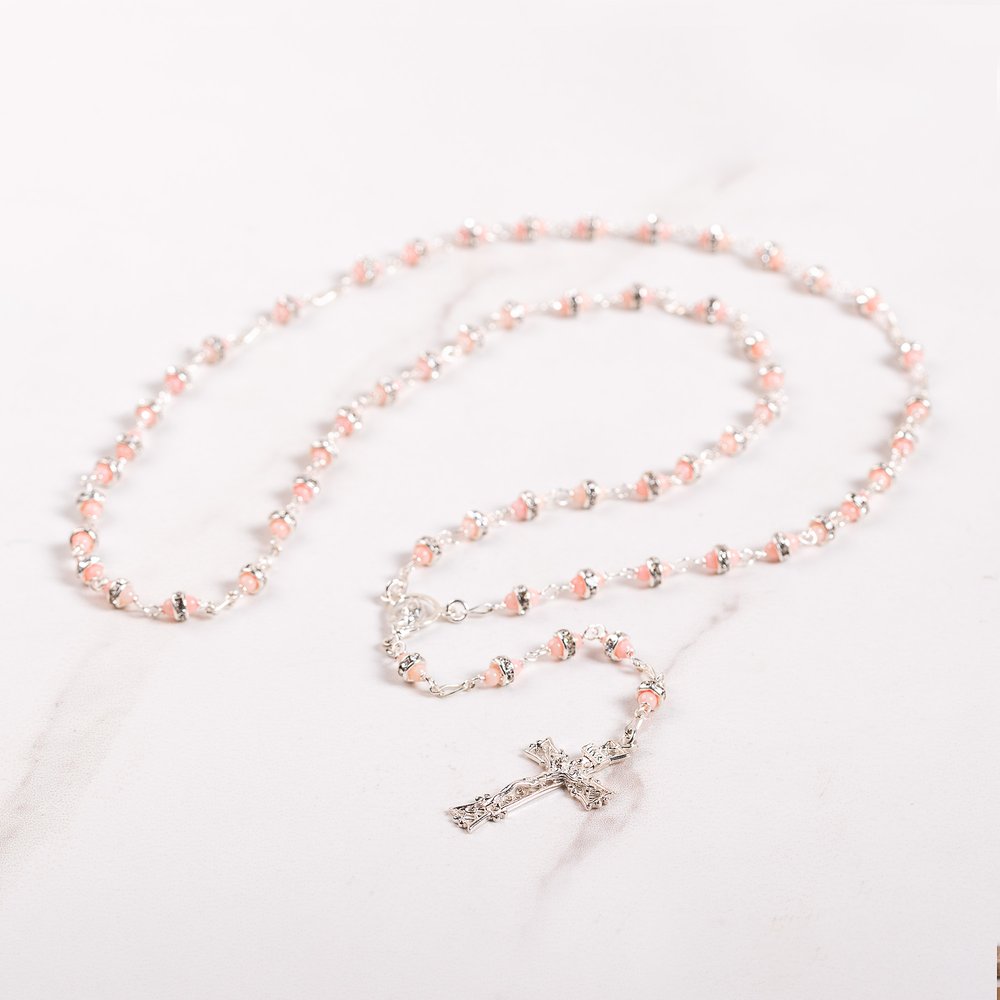 Sterling Silver Coral & Rhinestone Rosary