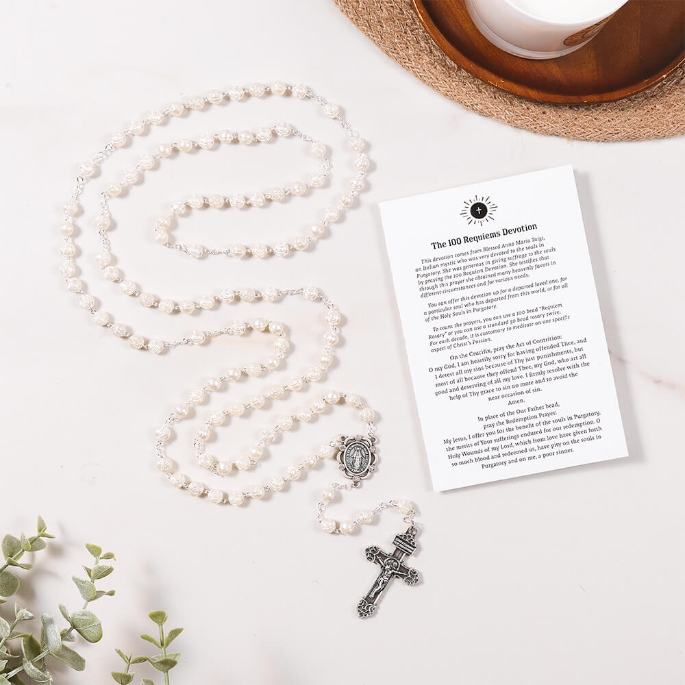 Pearl Roses 10 Decade 100 Requiem Rosary & The 100 Requiems Devotion Prayer Card Gift Set