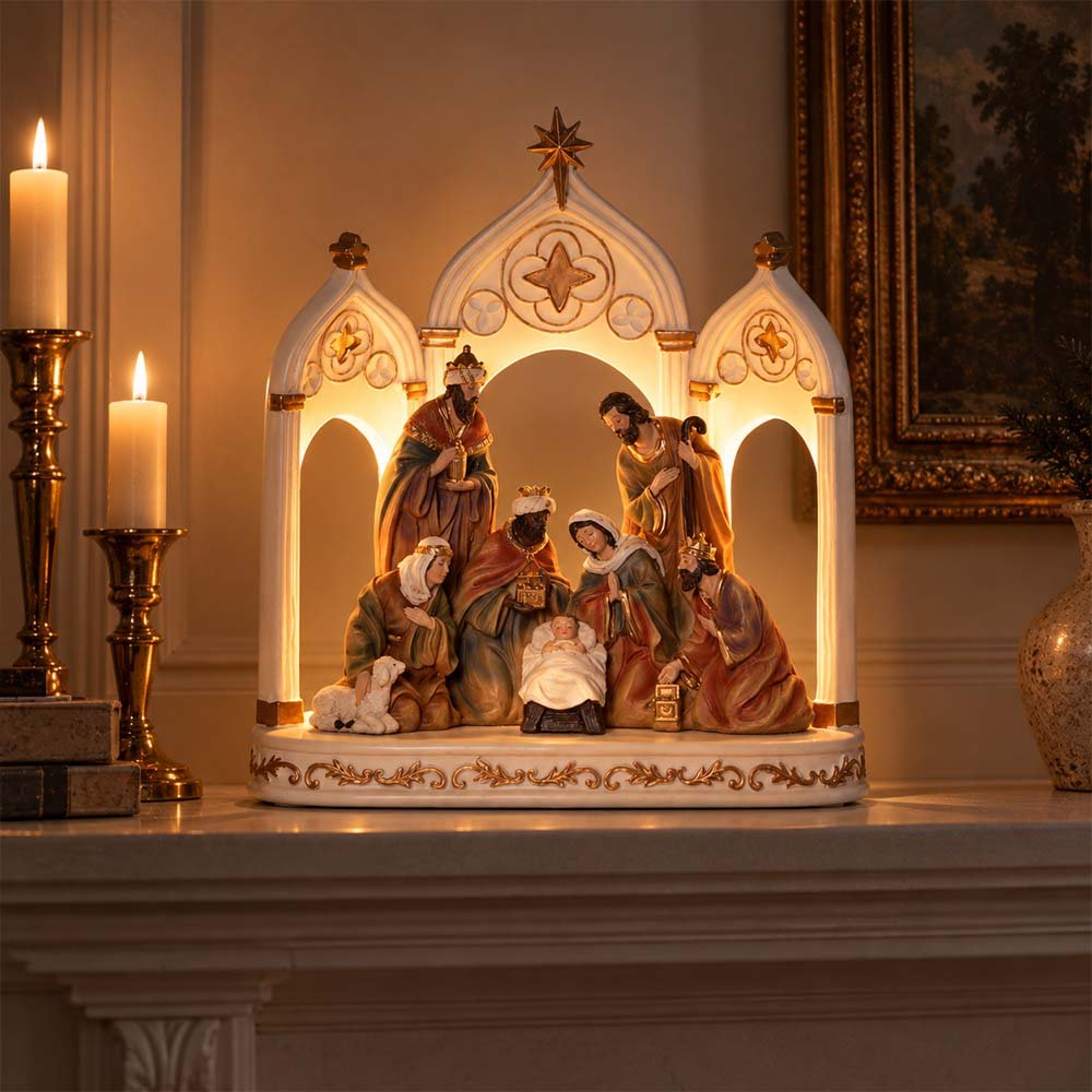 LED Lighted One-Piece Nativity Beneath Arches - 12" (H)