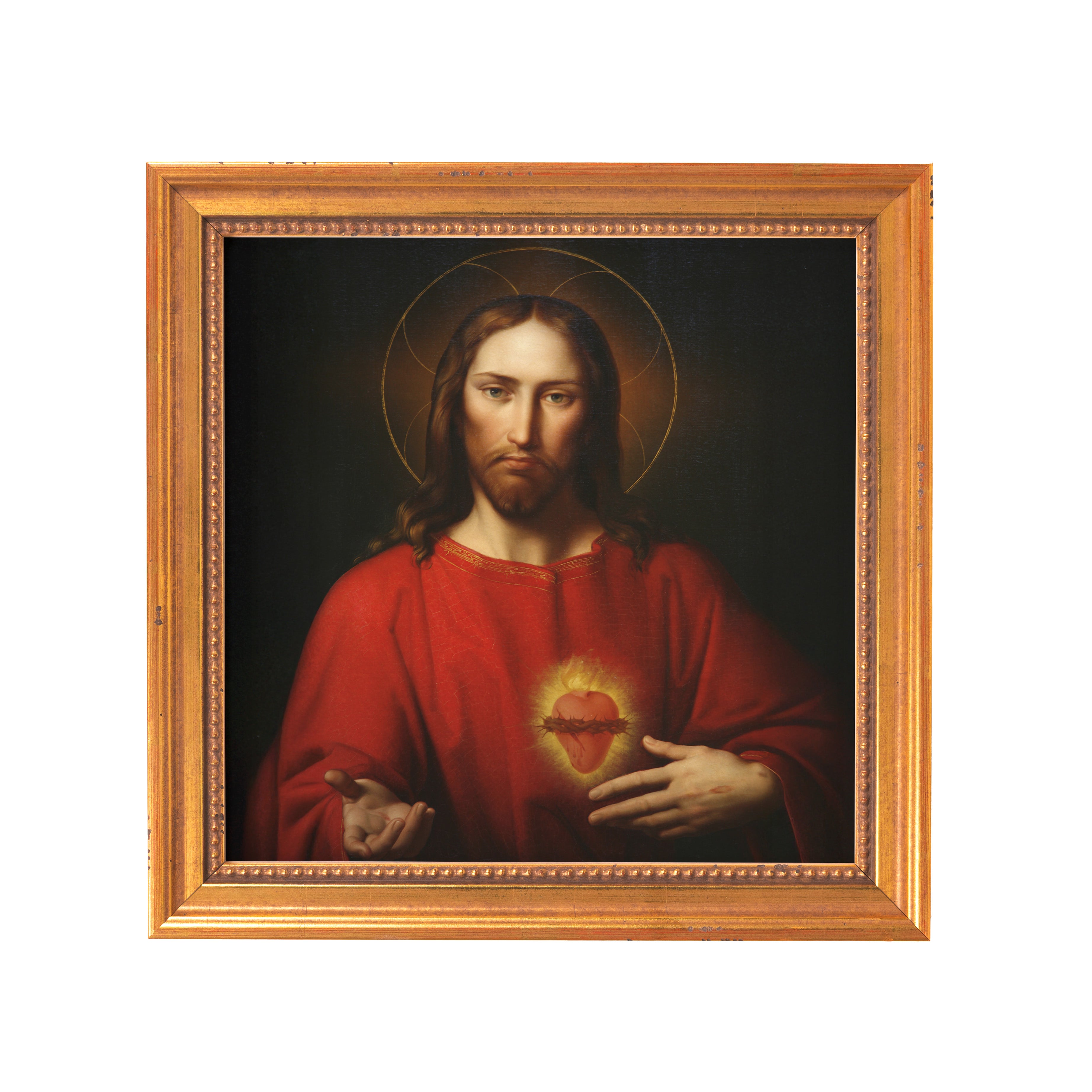 Framed oil painting of Jesus in a red robe with a golden halo and heart.