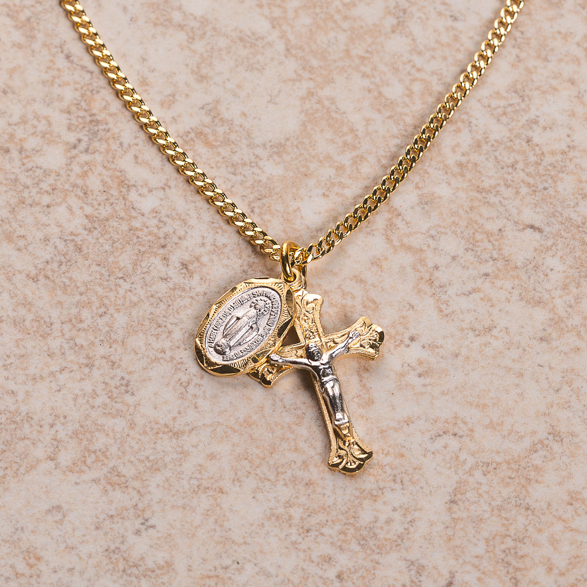 Two-Tone Gold/Sterling Miraculous Medal & Crucifix Necklace