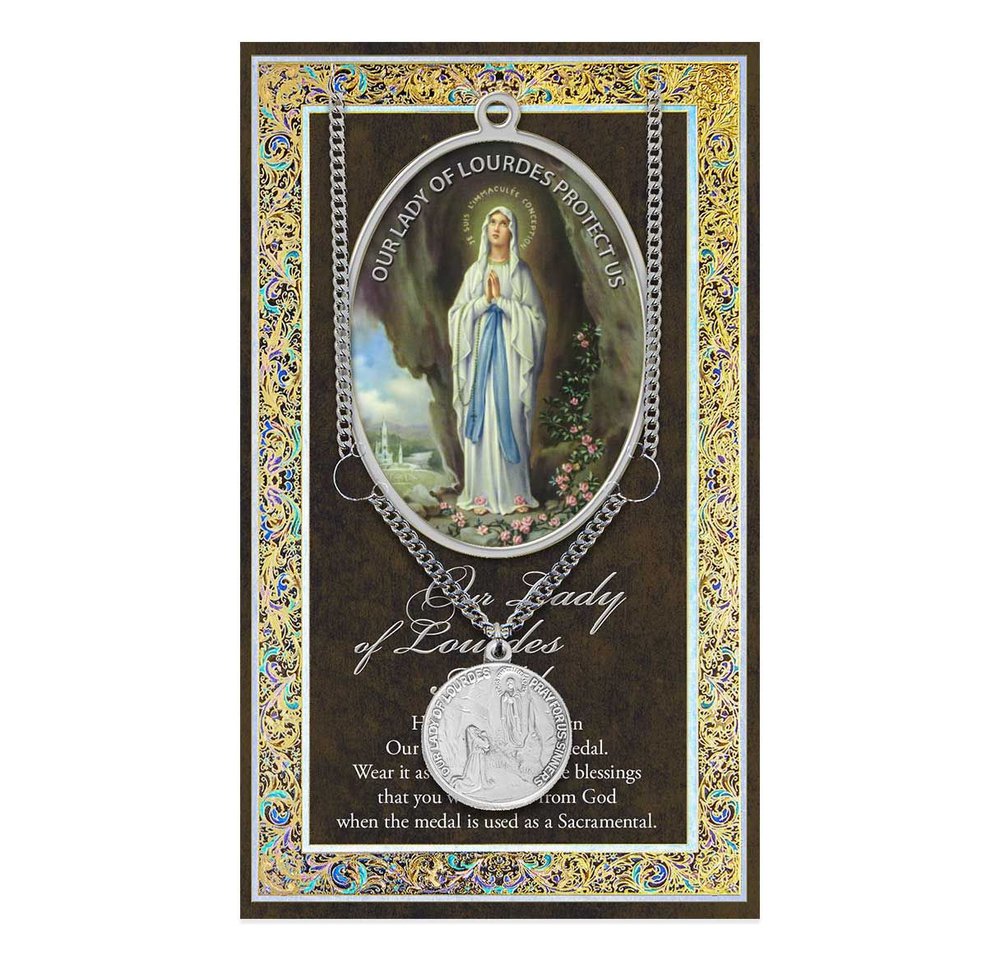 Our Lady of Lourdes Pewter Medal Necklace & Prayer Card Pamphlet - 18"