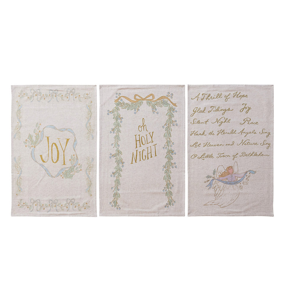 Cotton & Linen Printed Tea Towel with Holiday Saying, 3 Styles  (set of 3)