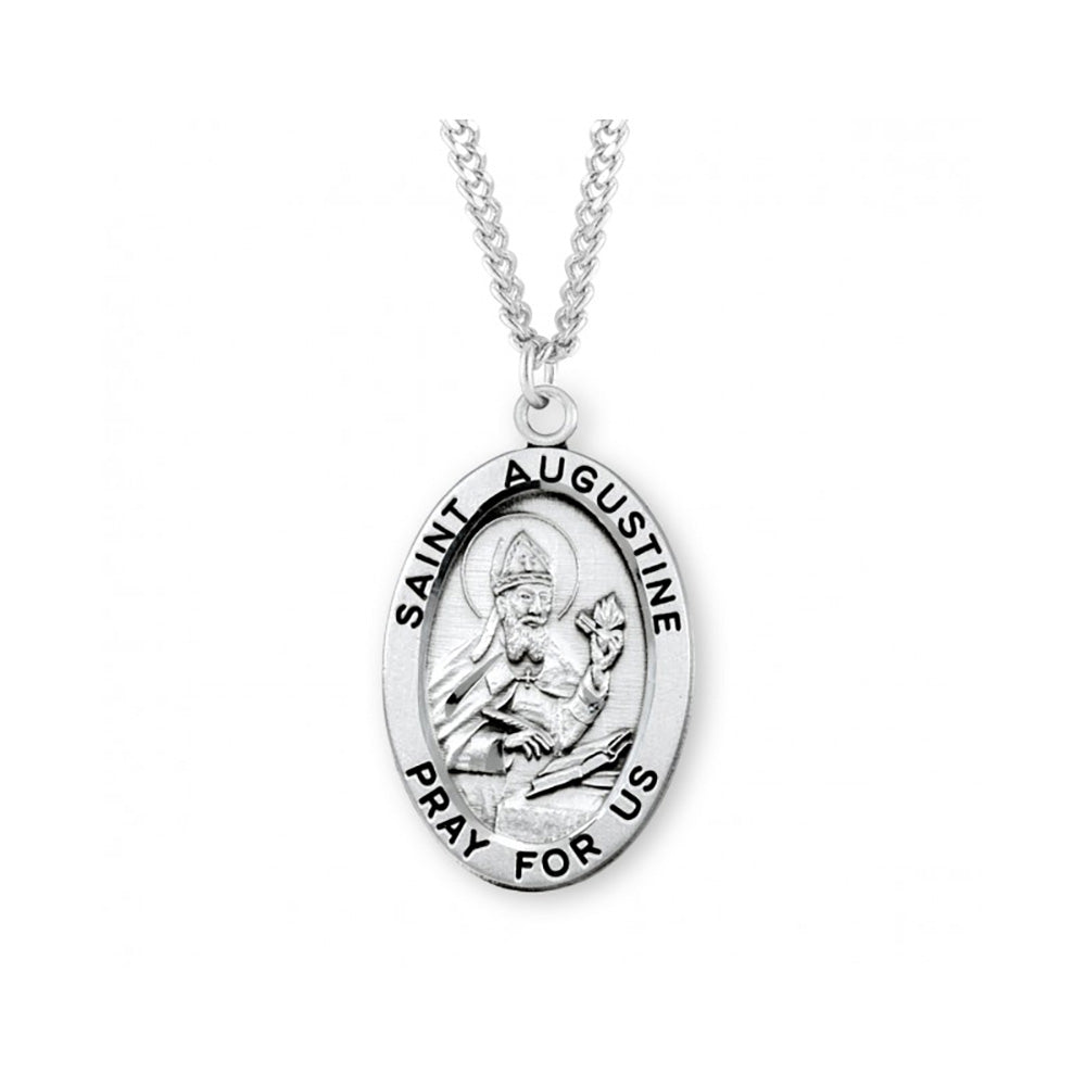 Oval St. Augustine Sterling Silver Medal Necklace - 24"