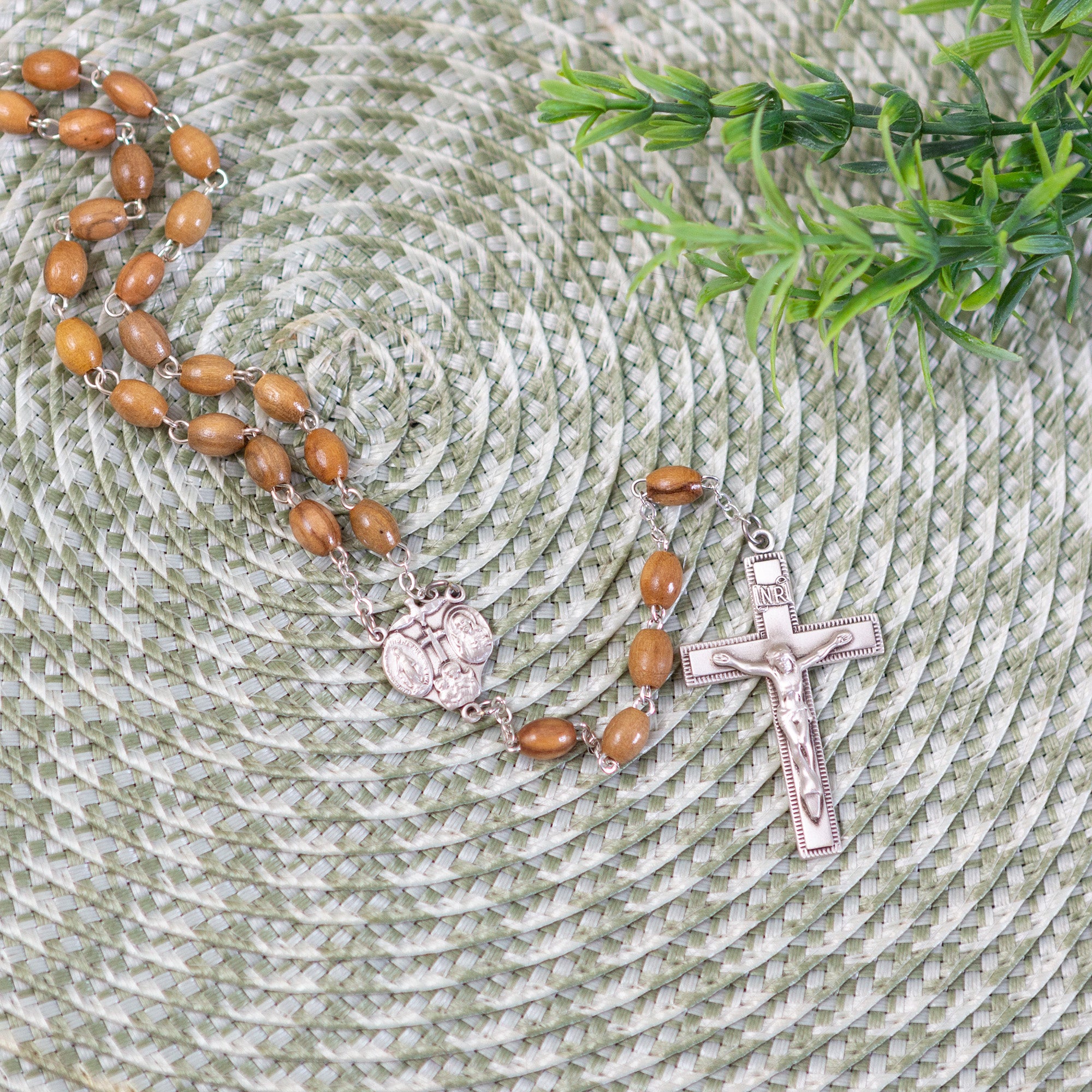 Sterling Silver 4-Way Medal Olive Wood Rosary