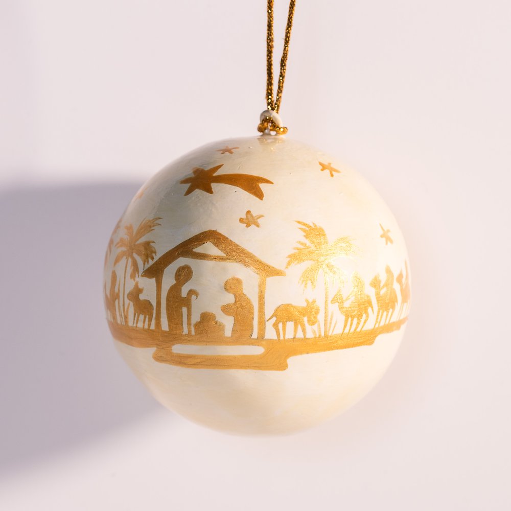 White & Gold Papier-Mâché Nativity Ornament