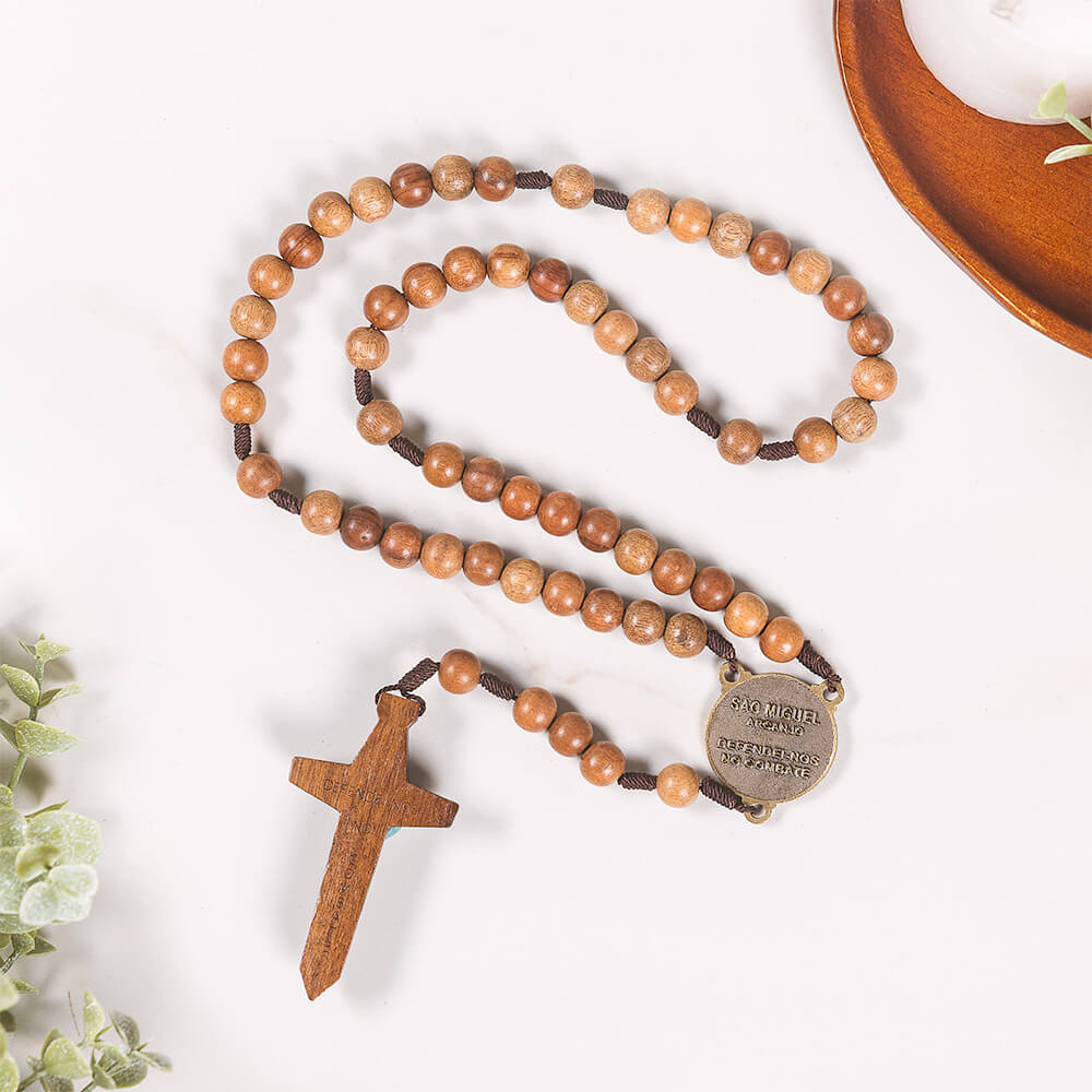 Wood & Brown Cord St. Michael Rosary with Sword Crucifix
