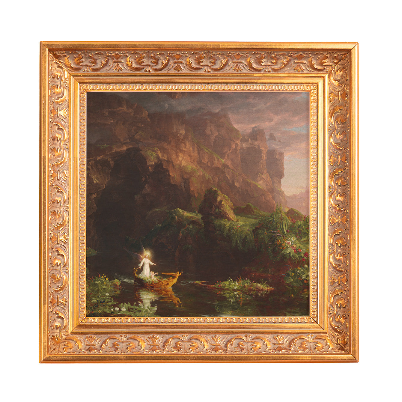 Framed painting shows light figure on a lake, with a gold ornate wood frame and landscape.