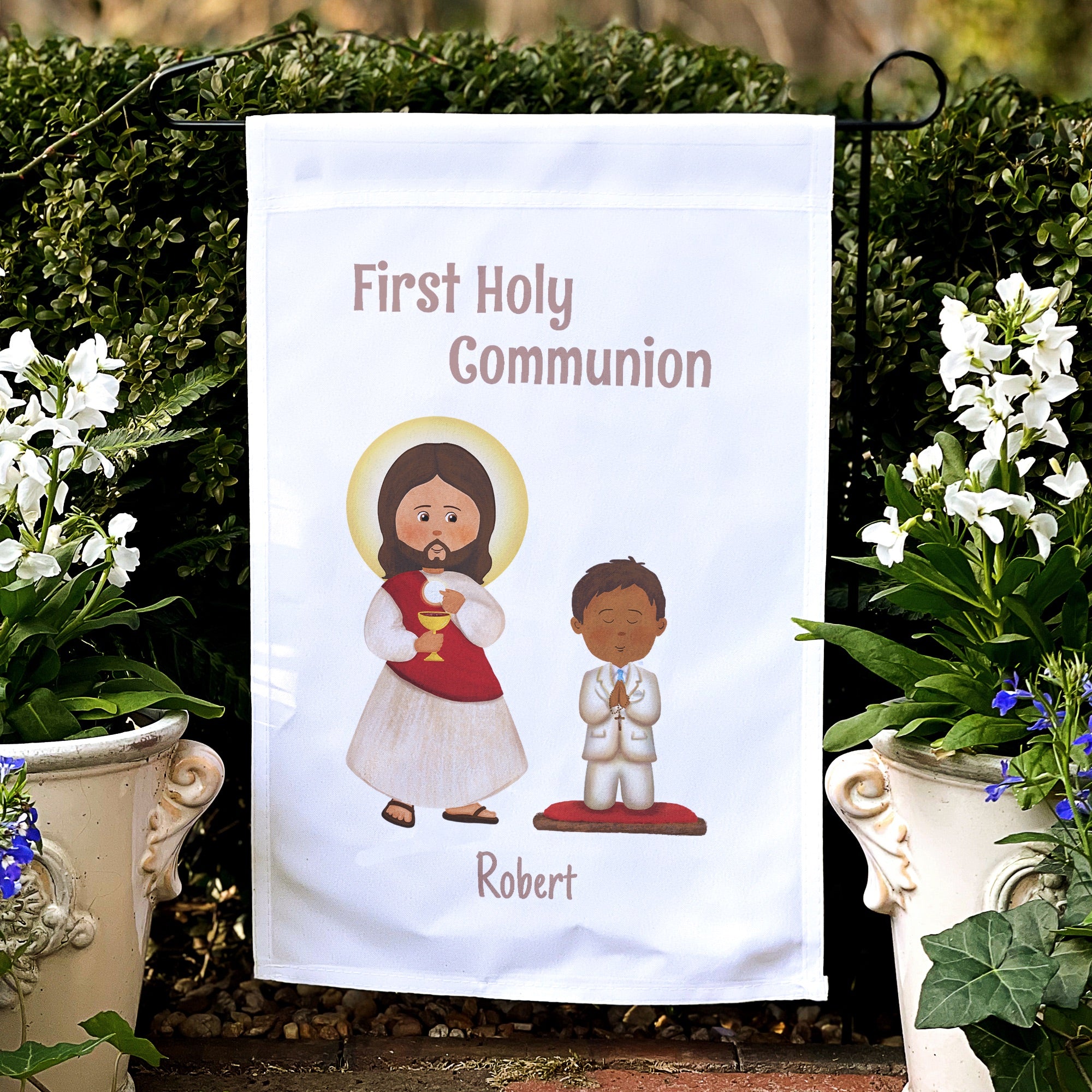 First Communion garden flag. White fabric with Jesus and a boy illustration.