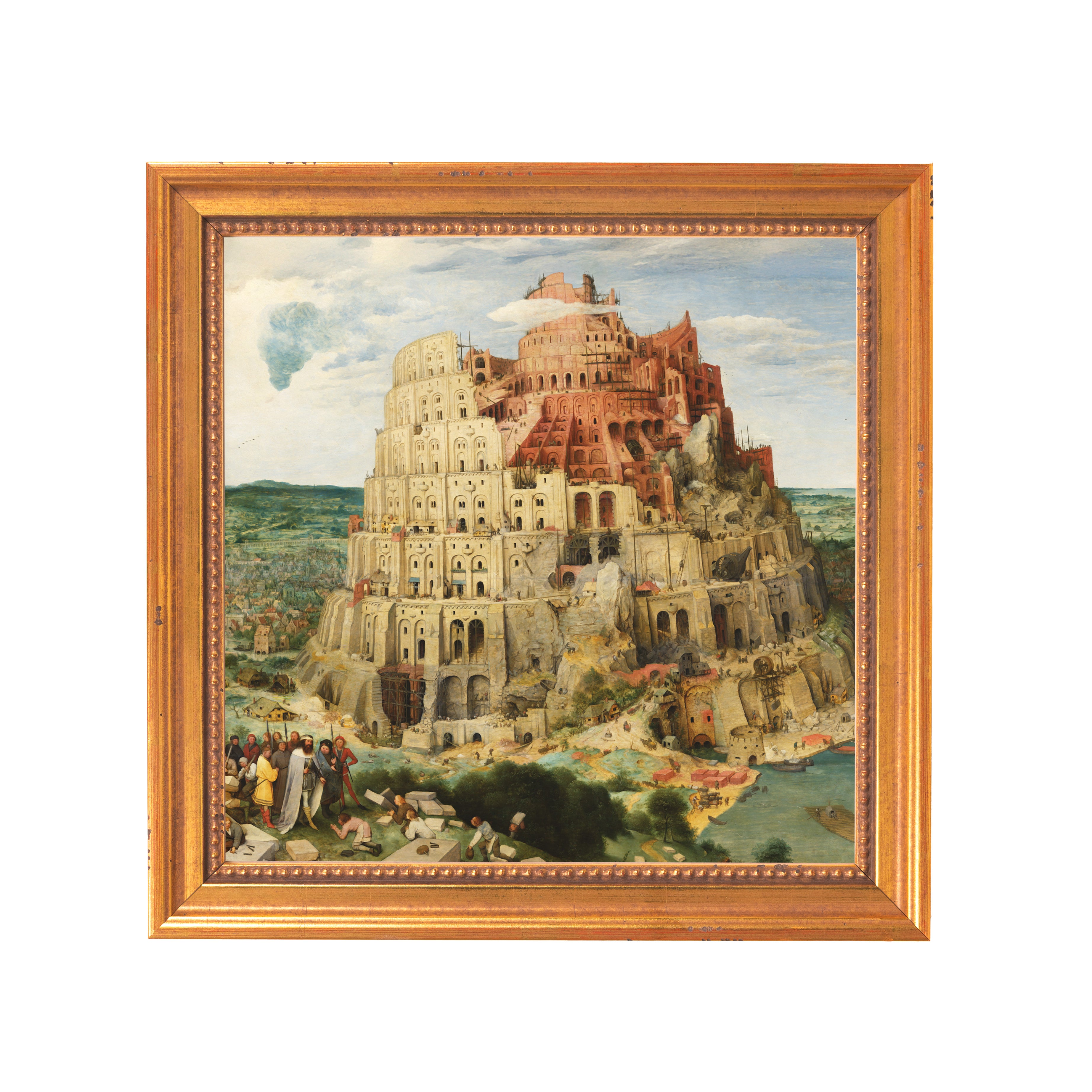 Framed painting depicts the Tower of Babel, a massive brick-and-stone structure, in a gold frame, painted in an old master style.