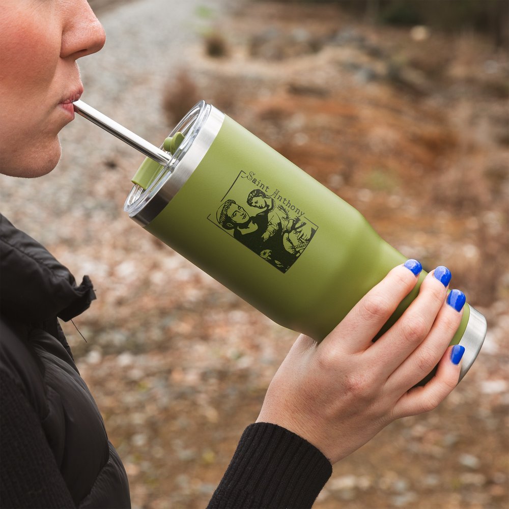 Green St. Anthony Stainless Steel Tumbler with Straw