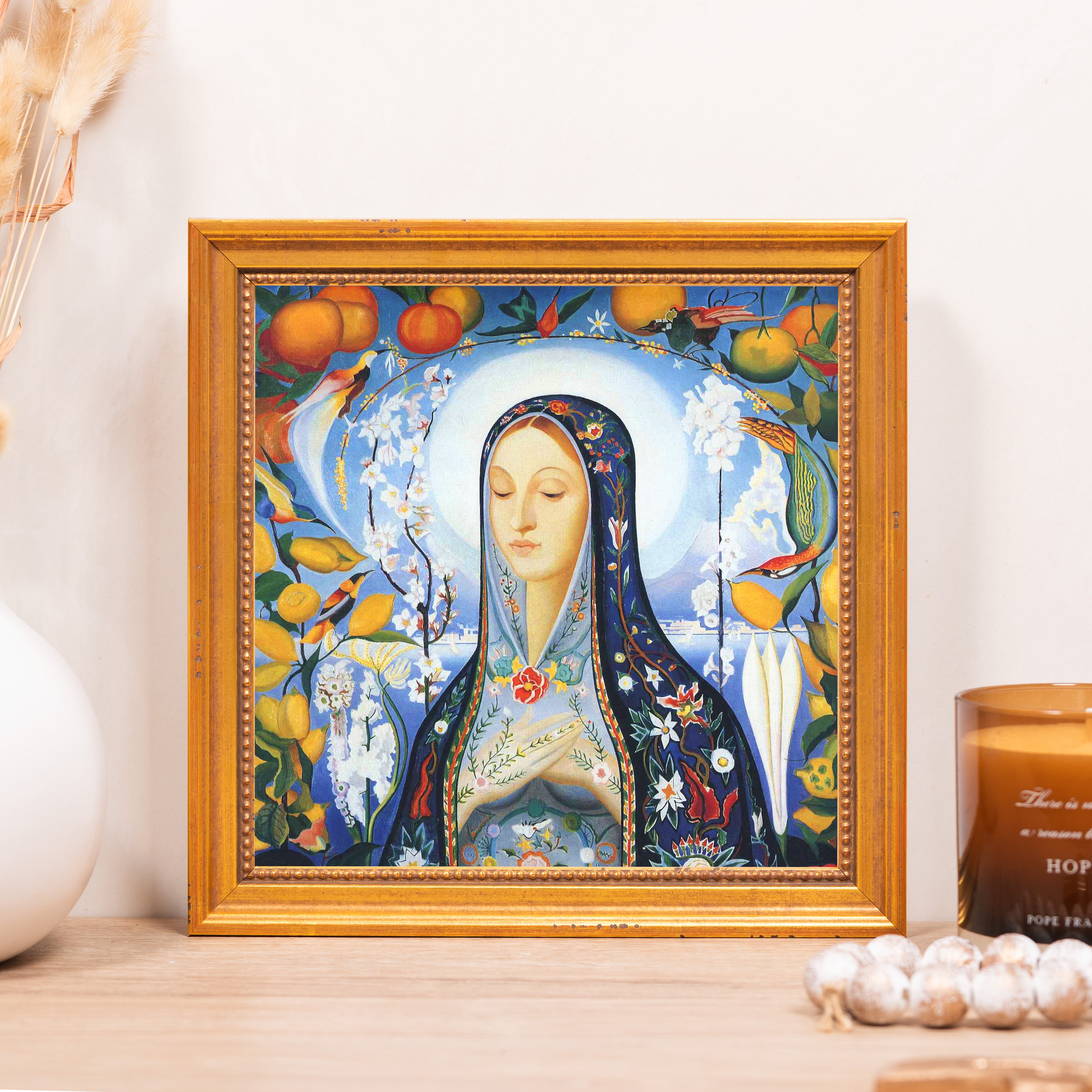 Framed Art print of Blessed Mother Mary, gold frame, floral and bird motifs.