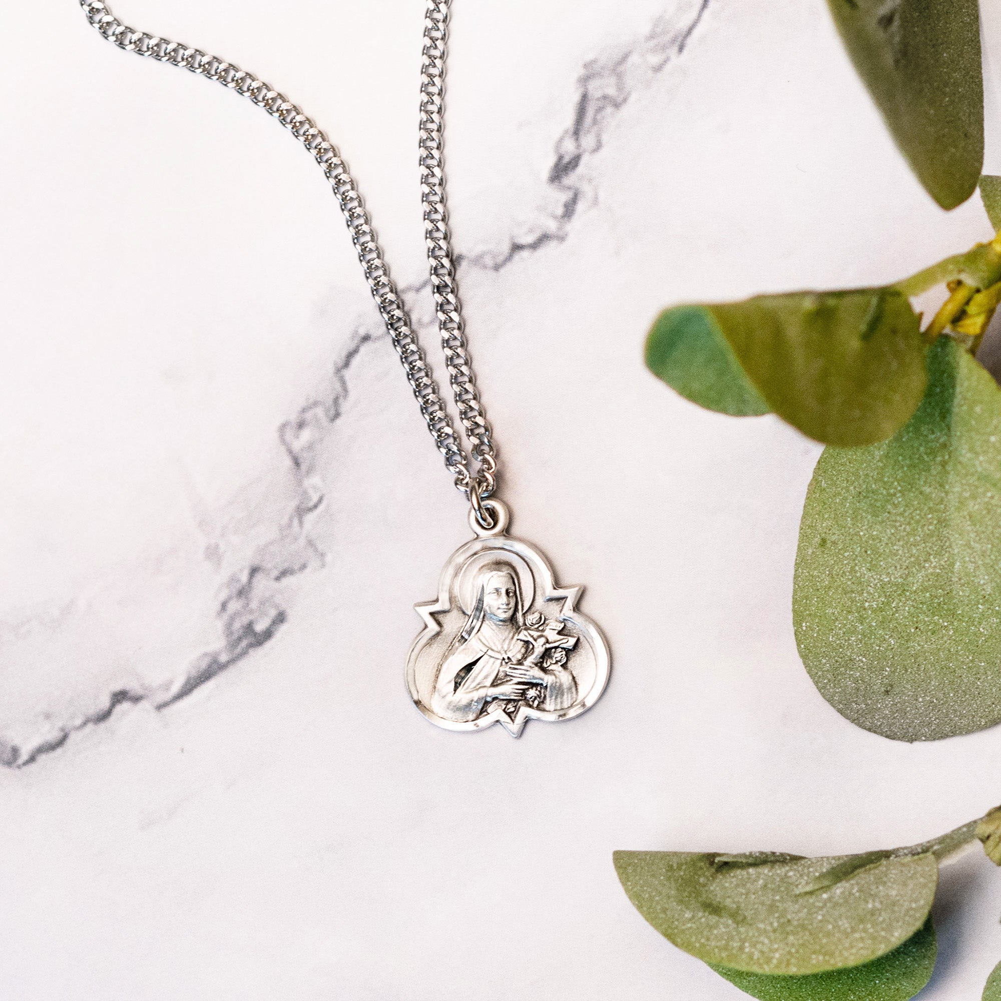 Sterling Silver St. Therese Trinity Medal Necklace