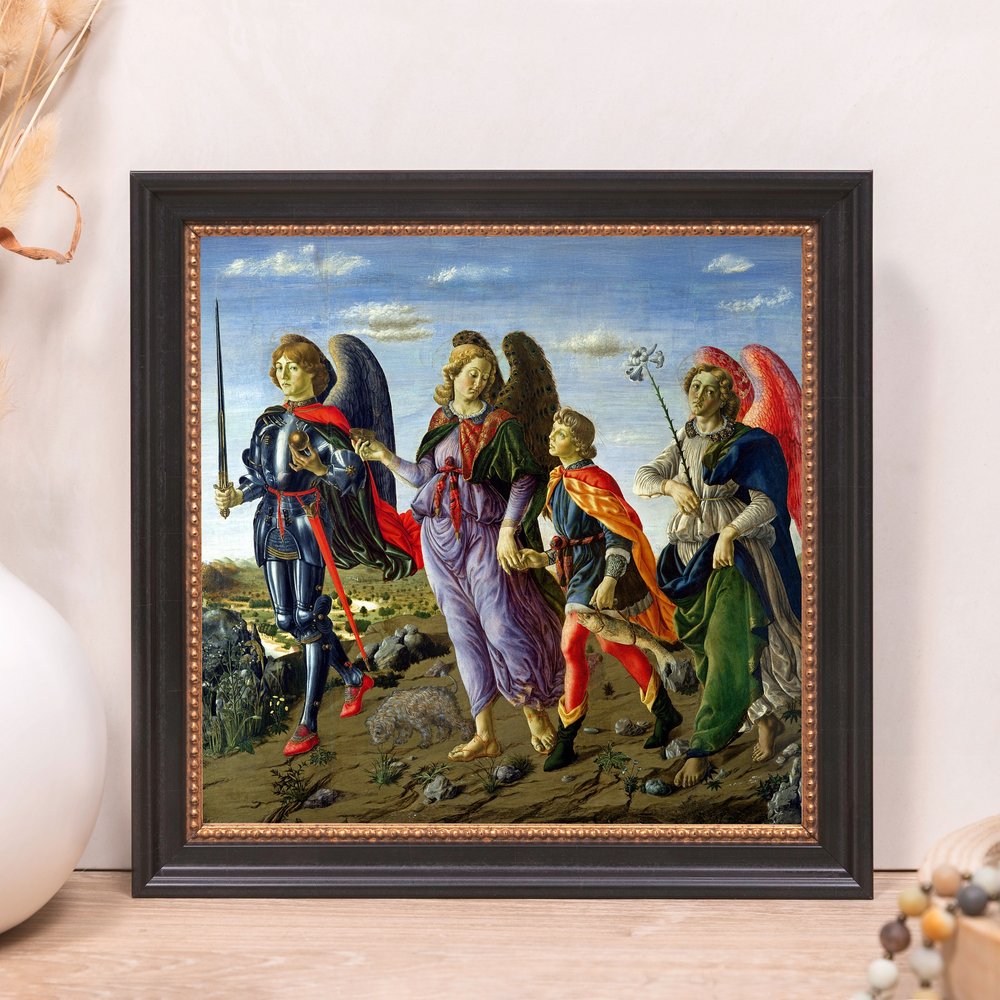 Framed print of painting depicting four winged figures in historical clothing in a brown frame.