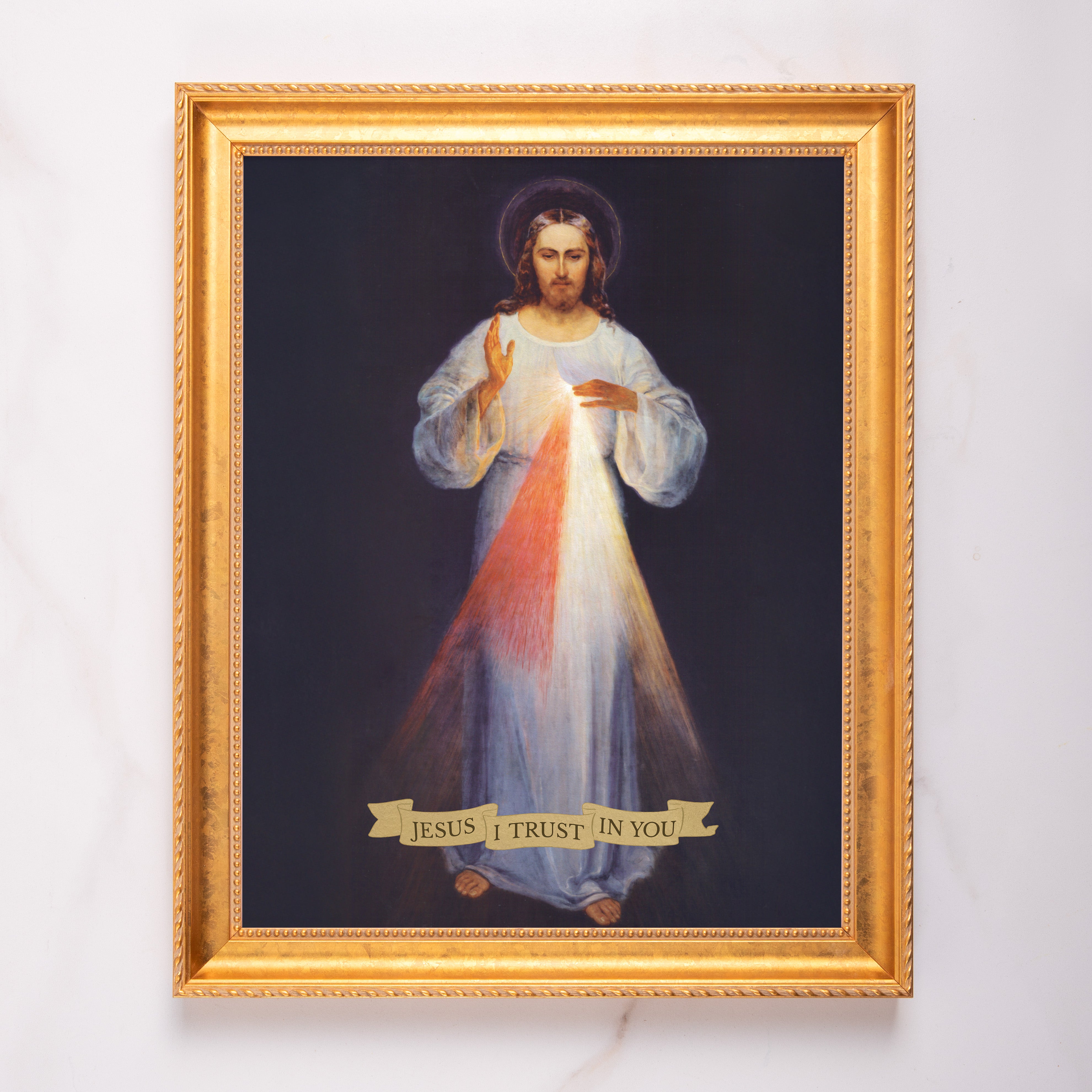 Framed "Jesus I Trust in You" print, gold tone frame.