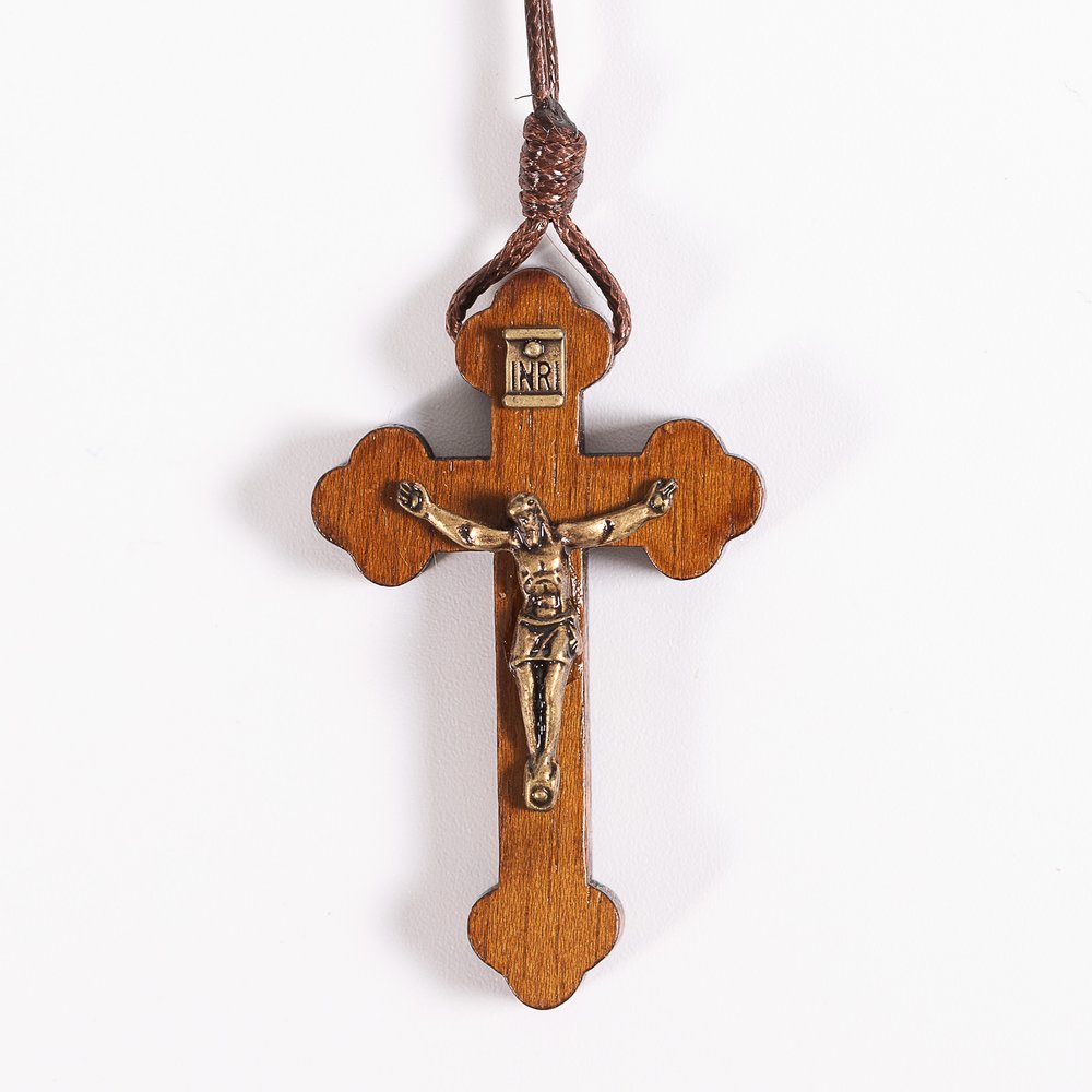 Wooden Budded Crucifix Corded Necklace