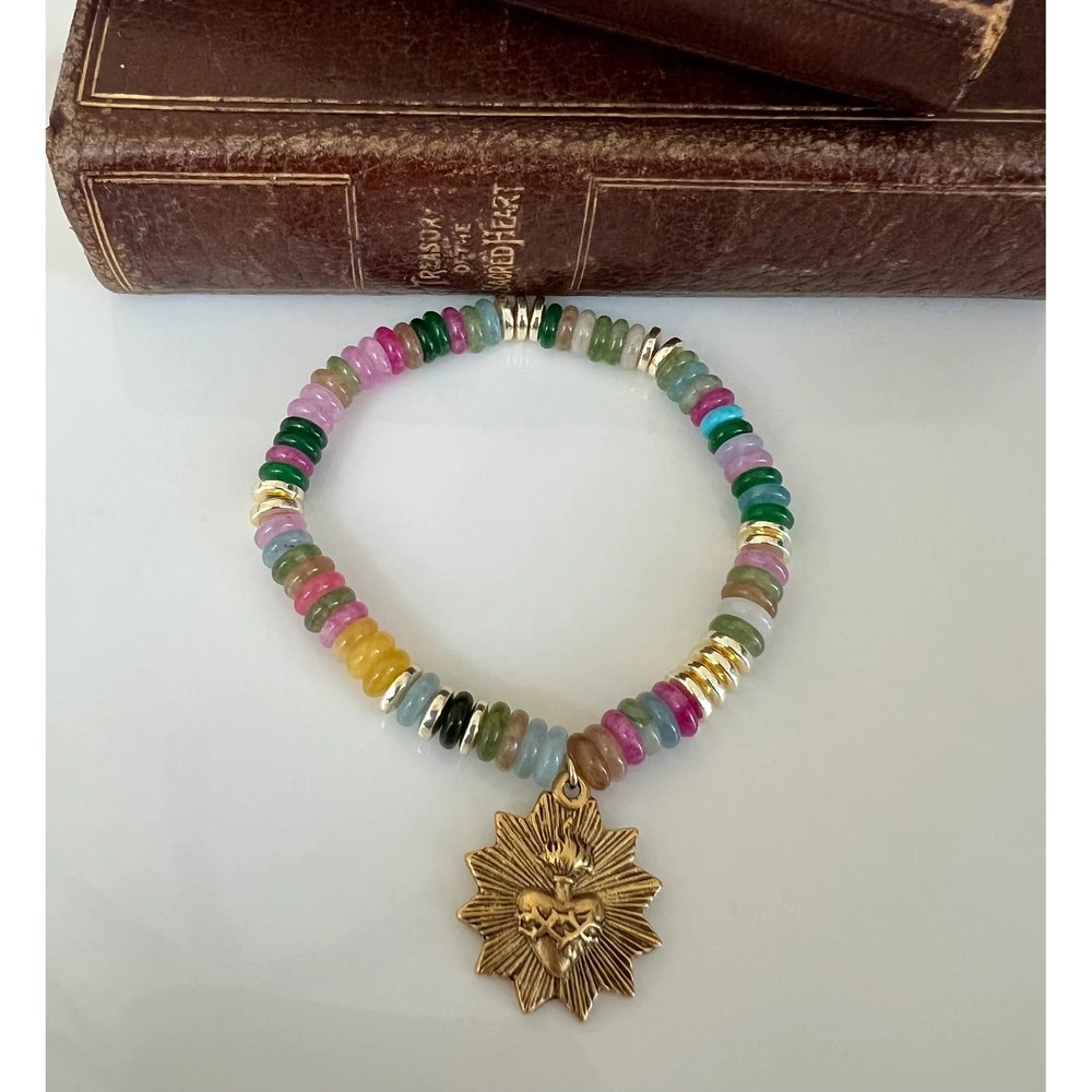 Sacred Heart Stretch Bracelet with Colorful Gemstones